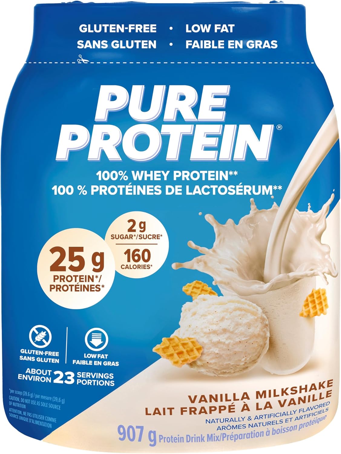 Pure Protein Whey Powder – High Protein (25 g/scoop), Low Sugar (2 g/scoop), Gluten Free – Fast-Acting Formula, Vanilla, 907g