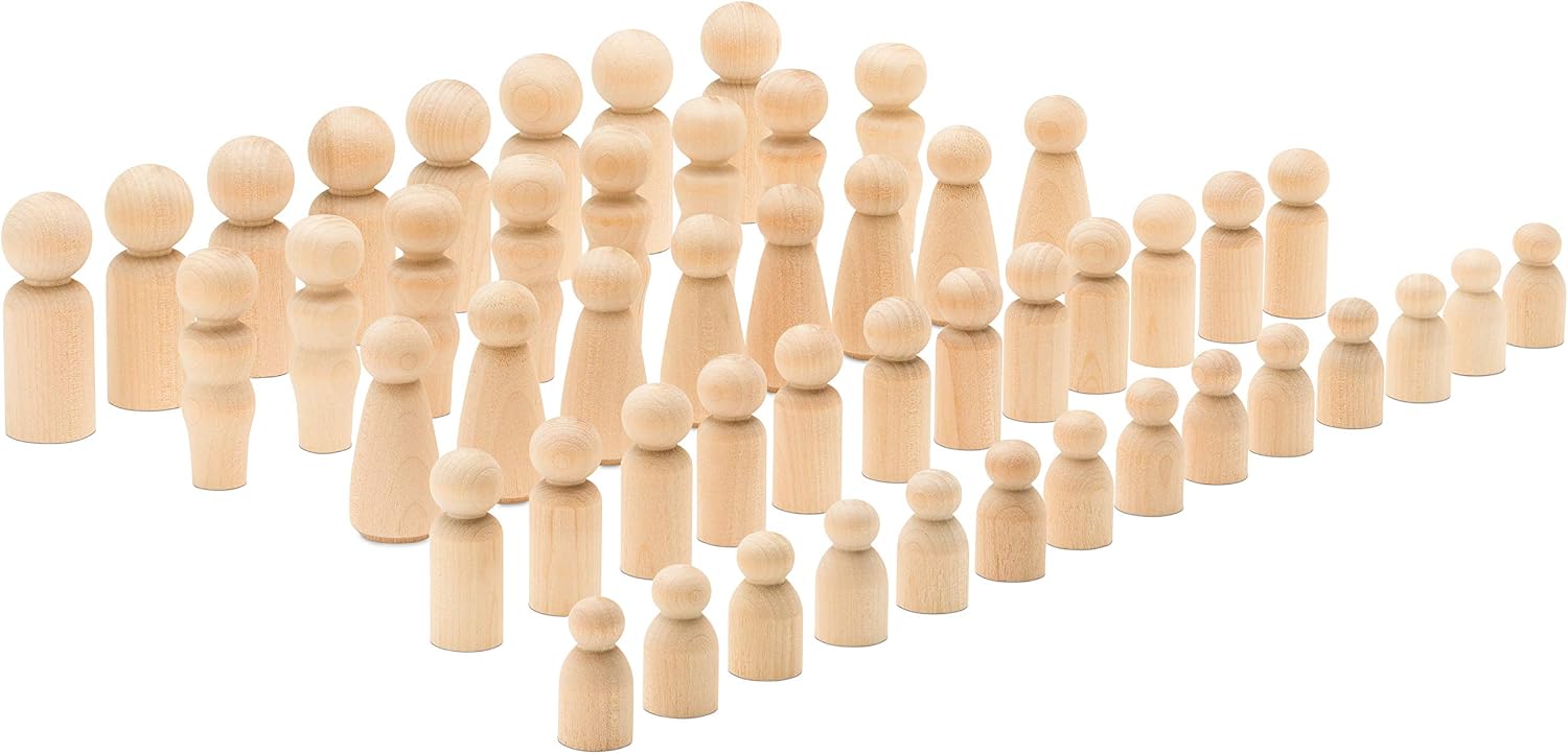 Wood Peg Doll Set, 50 Piece Wood Peg Family (Toy Peg People: Dad, Mom, Angel, Child, Baby) Unfinished for Crafts & Play, by Woodpeckers