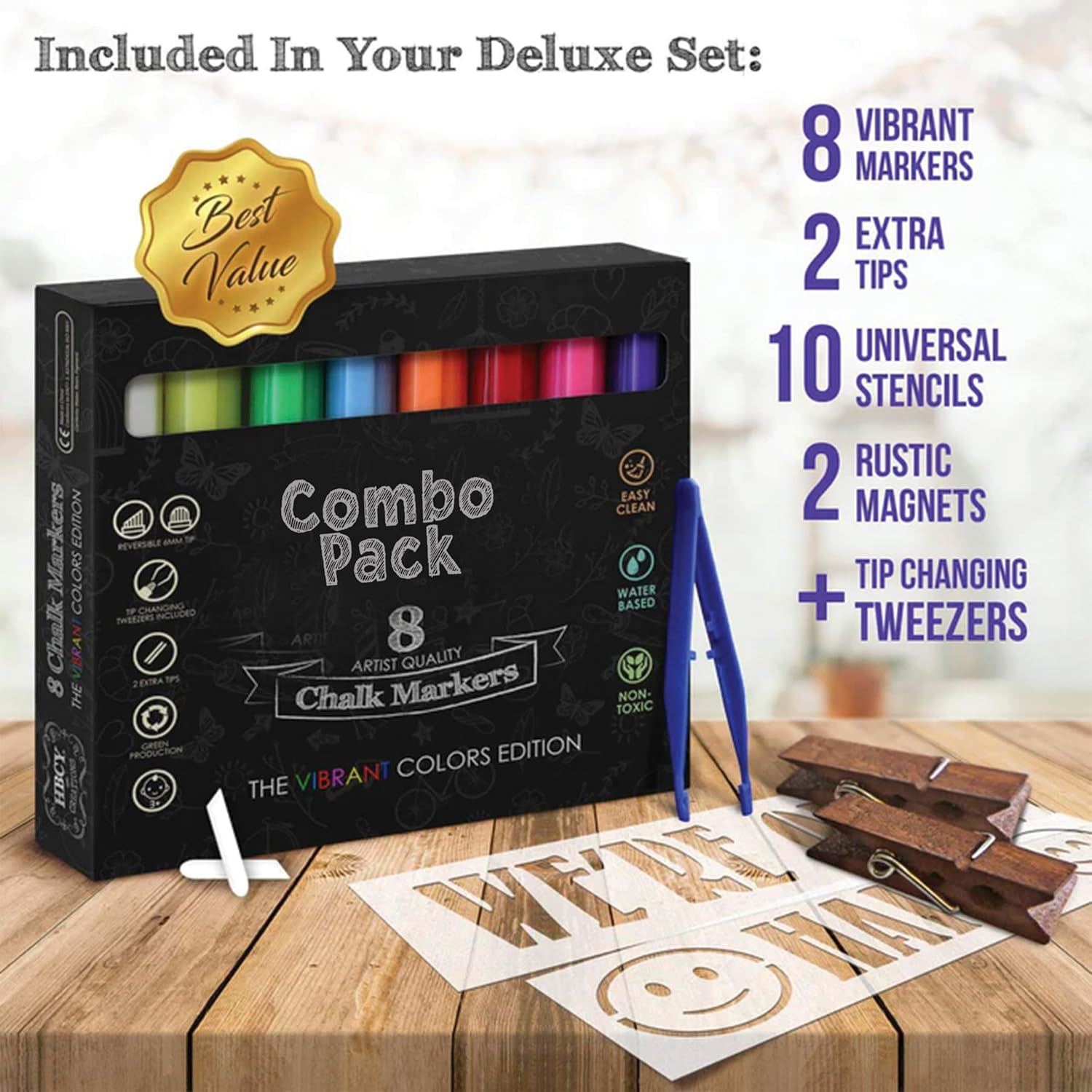 EMMA + OLIVER Burke Deluxe Magnetic Chalkboard Set - Whitewash Wood Frame - Double Sided - 40"x20" - Includes 8 Chalk Markers, 10 Stencils, Eraser, 2 Rustic Magnets