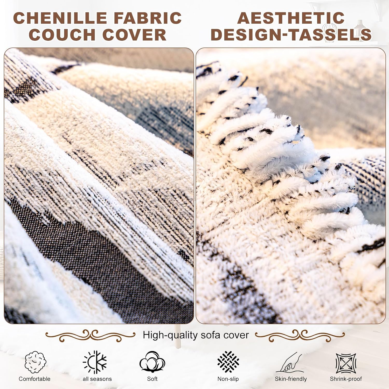 ROOMLIFE Couch Cover 3 Cushion Sofa, Washable Non Slip Furniture Sofa Protector Cover, Soft Chenille Sofa Slipcovers Sectional L Shape Dogs Couch Cover Throw Blanket with Tassels 71''X118''
