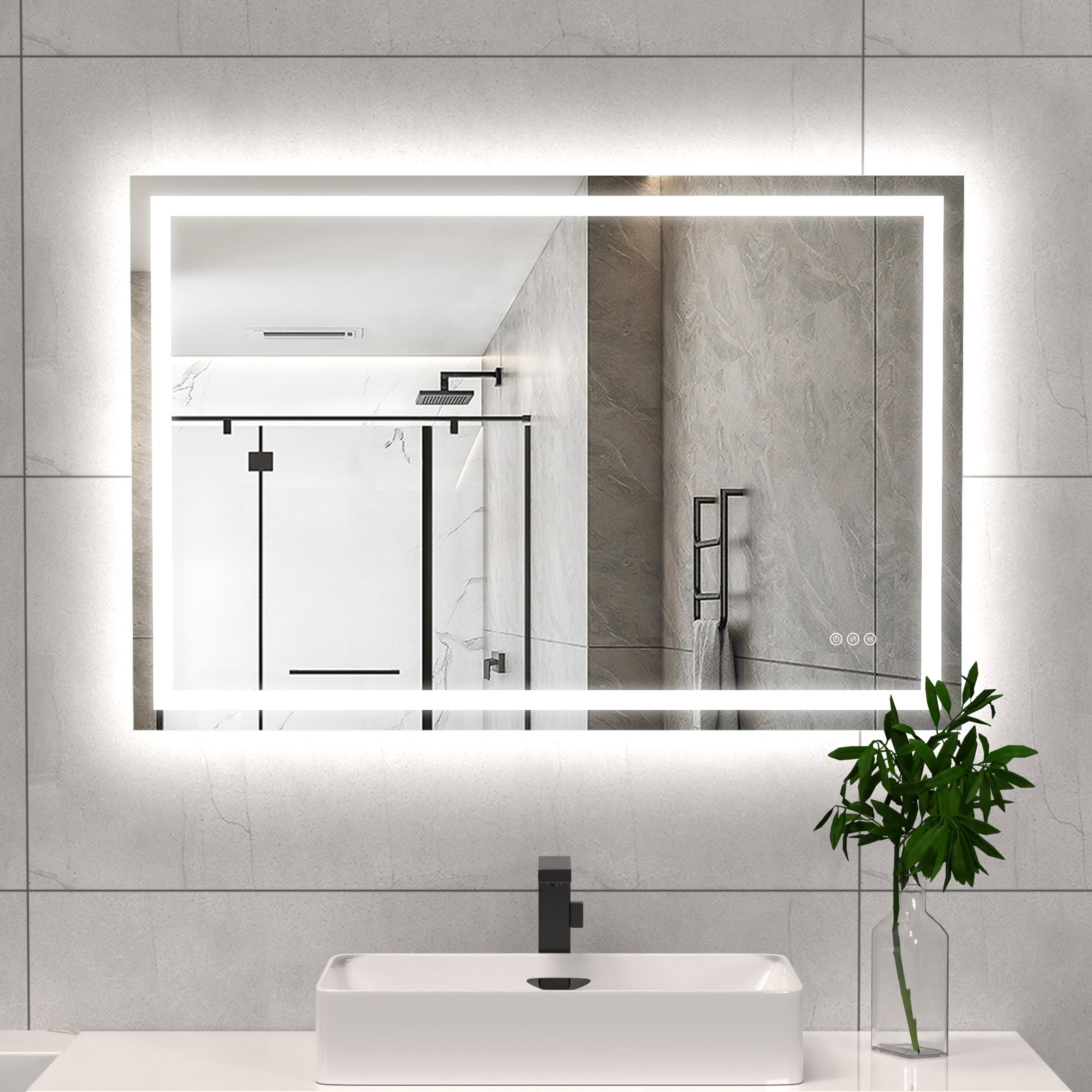 LED Bathroom Mirror Lights 48x32 Inch Front & Backlit Lights Vanity Mirror, Wall Mounted Anti-Fog Dimmable LED Makeup Mirror, IP54 3K-6K Warm/Natural/Daylight, Tempered Glass (Horizontal/Vertical) UL