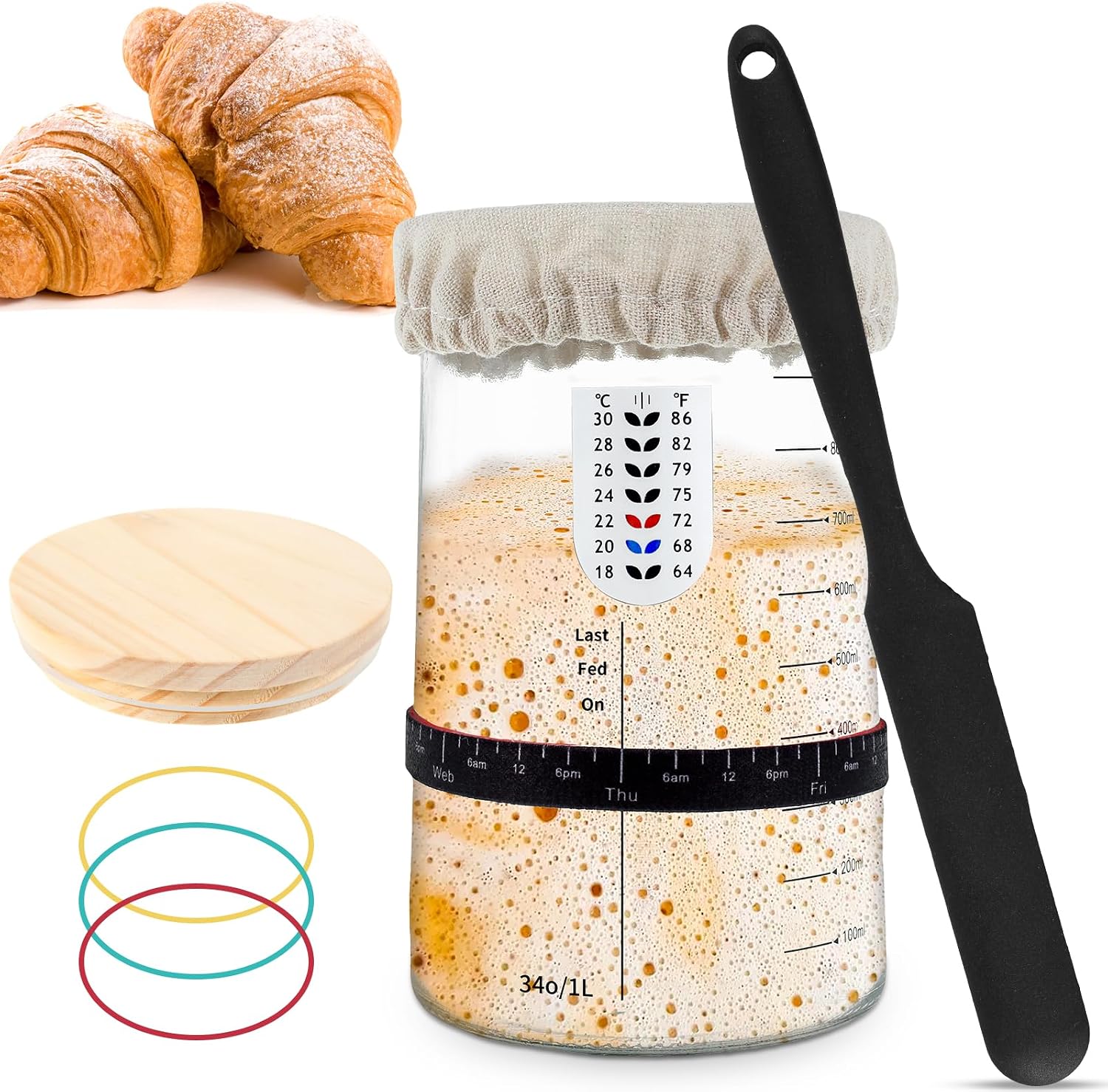 9pcs Sourdough Starter Jars Kit with Scale 34oz/1L Large Capacity Sourdough Starter Container with Wooden Lid Spatula Rubber Band Reusable Glass Sourdough Fermentation Jars for Baking/610