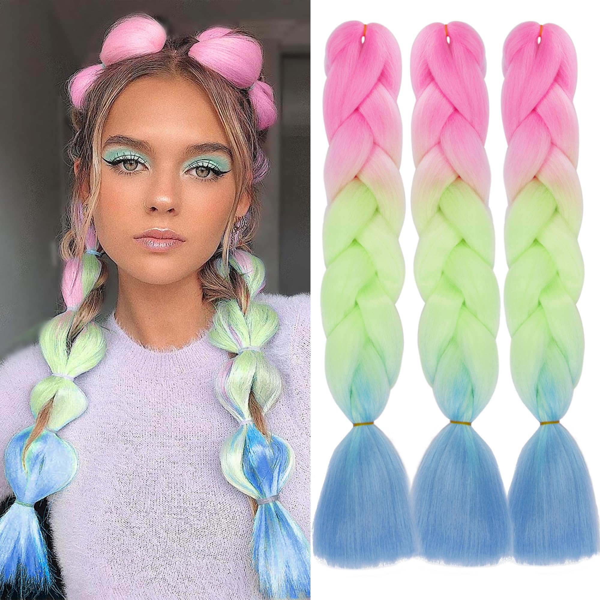 Colorfulpanda 3pcs/pack Ombre Jumbo Braiding Hair Extensions,Heat Resistant Synthetic Pre Stretched Braiding Hair,for Box Braids Braiding Hair 24inch (Pink/Green/Blue)
