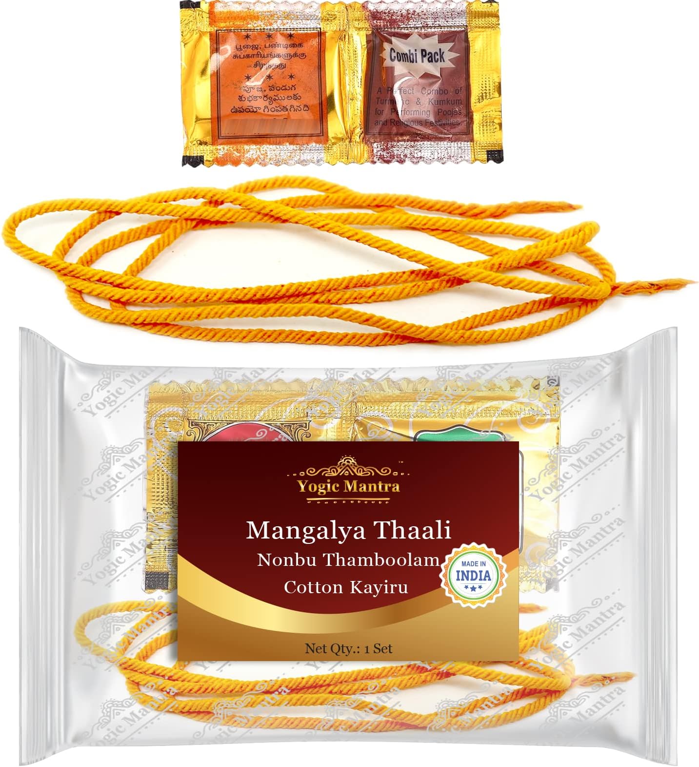 Yogic Mantra Mangalya Thread Set (48 Inches Cotton Thread + Haldi & Kumkum) Nonbu Thamboolam Mangalsutra, Mangalyam Thaali Mangal Sutra, Mangalaya Thali Thirumangalyam, South Indian Thirumangalayam