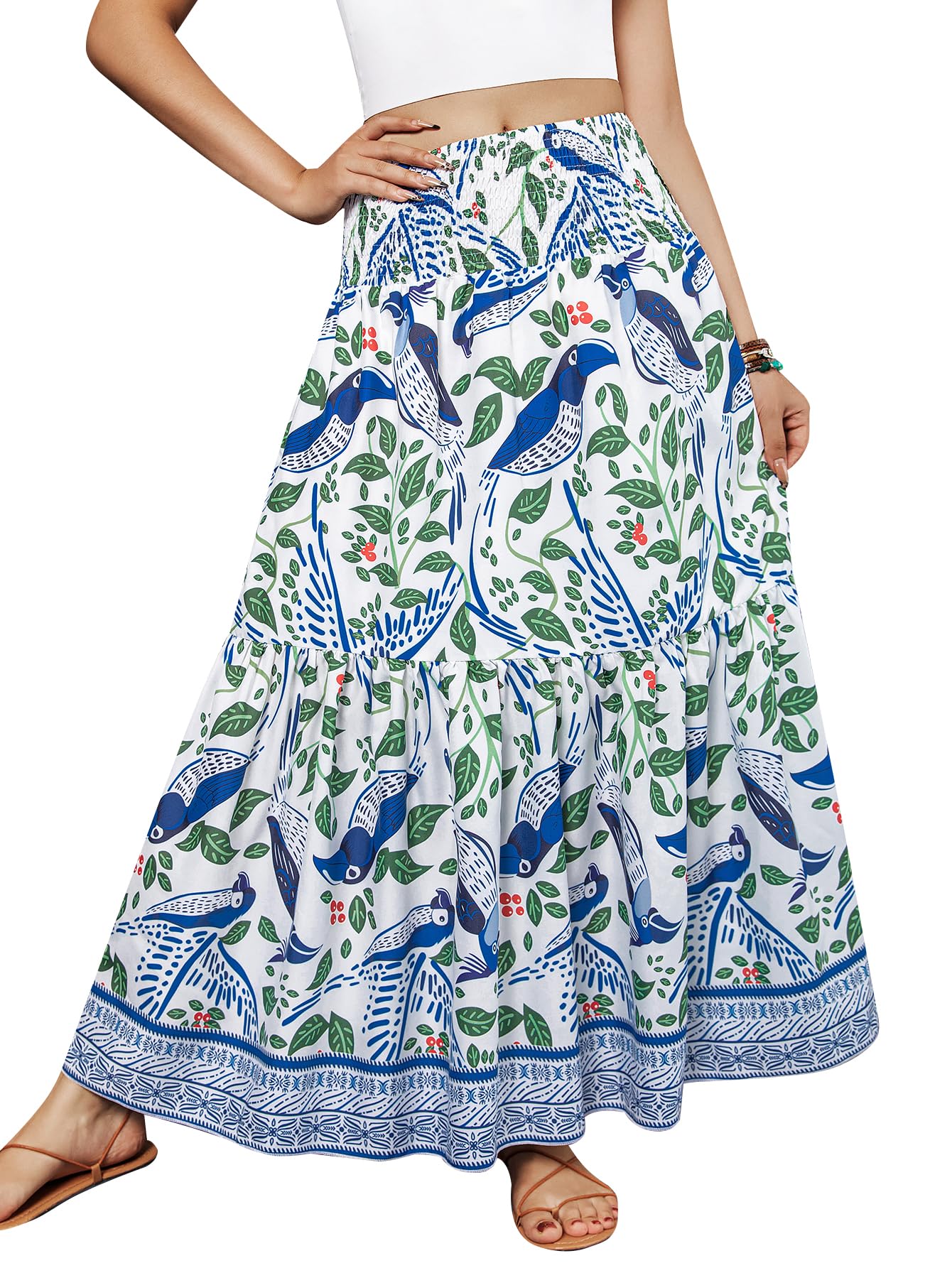 YHYJMY Women's Boho Skirt Elastic High Waist Pleated A-Line Flared Maxi Skirts Womens Flowy Long Skirts