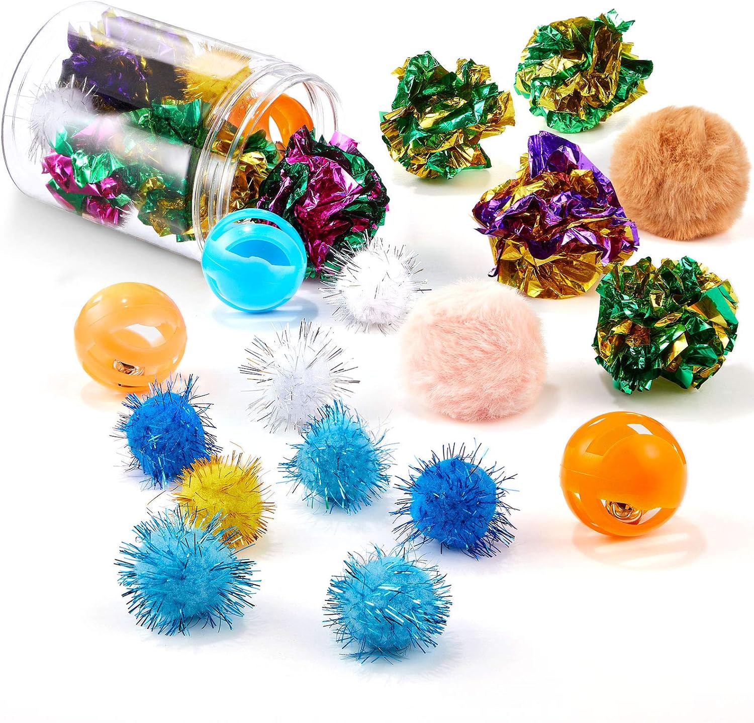 25 Pieces Cat Toy Ball Set Include Pom Pom Balls Tinsel Balls Crinkle Balls Cat Furry Ball Toy Crackle Ball Toy with Bell Plastic Bottle