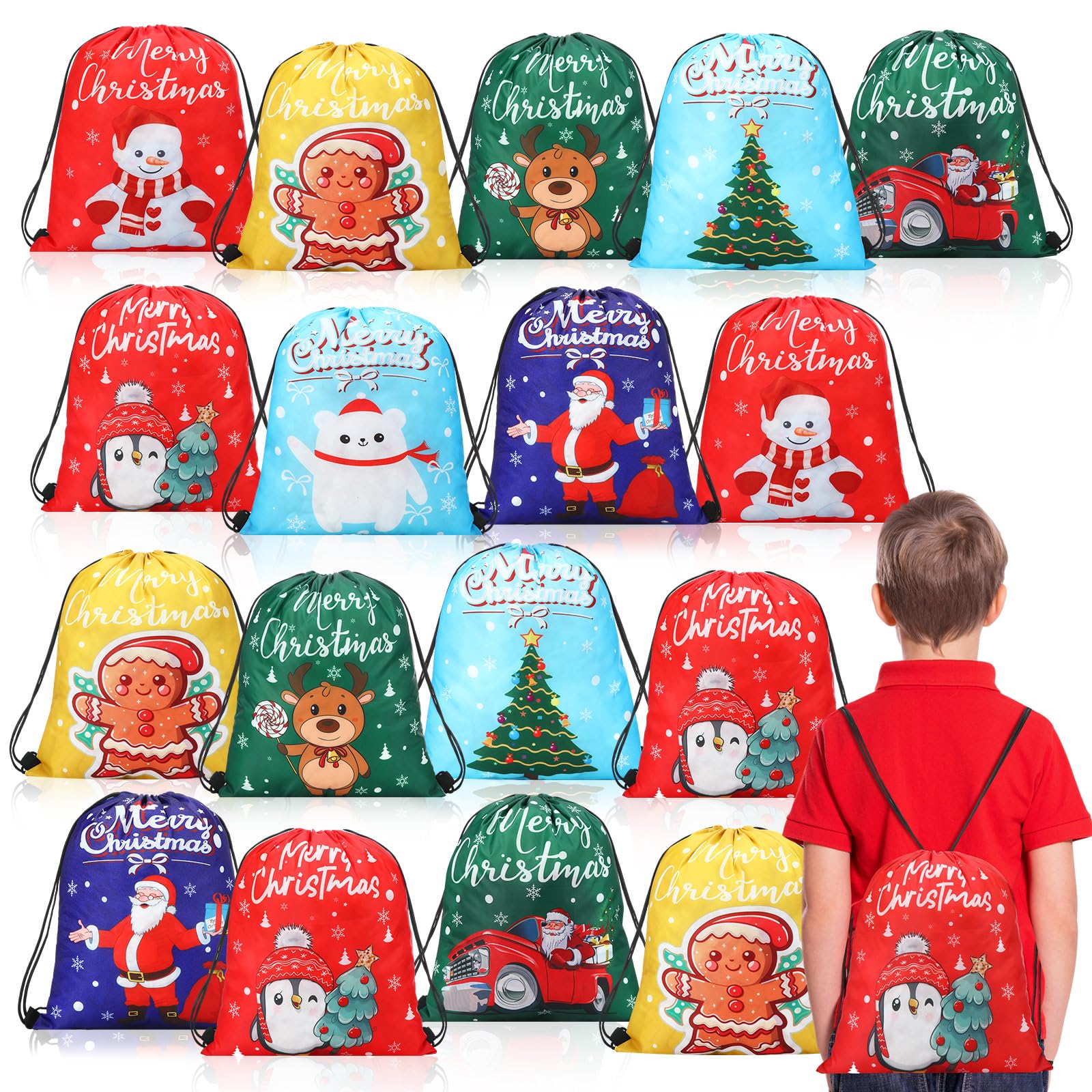Abbylike 48 bolsas de regalo de Navidad con cordón, bolsas de regalo a granel de 13 x 15.7 pulgadas, Navidad, Papá Noel, muñeco de nieve, árbol de invierno, bolsas de regalo para niños, vacaciones