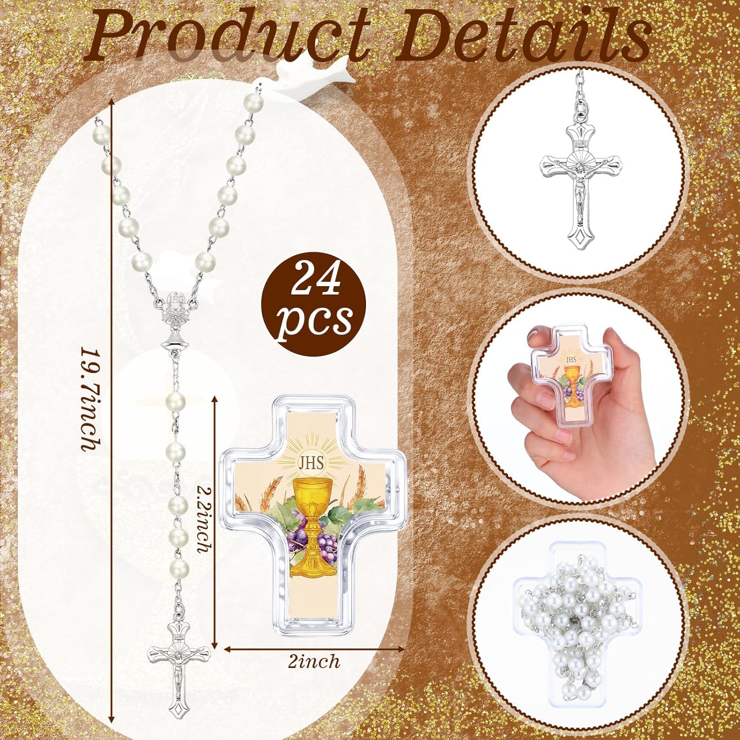 Cunno 24 Set First Holy Communion Bead Rosary Cross Necklace for Baptism First Communion Gifts Scented with Cross Shape Box for Guest Catholic Religious Rosary Baptism Party Primera Comunión (White)