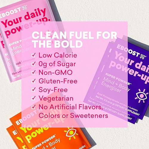 Miniatura 6 de EBOOST Bebida energética y electrolitos en polvo, 20 paquetes  Limonada rosa súper polvo sin azúcar añadido  Mezcla esencial de vitaminas,