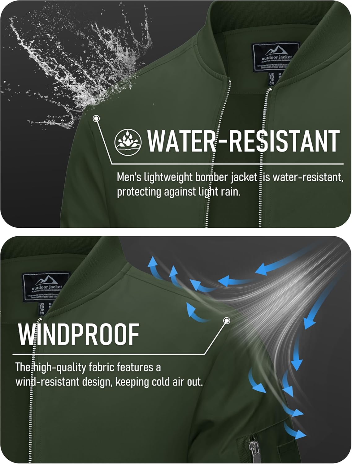 MAGCOMSEN Bomber Jacket Men Light Jacket Windproof Windbreaker Jacket Lightweight Bomber Jacket Casual Army Green M - Image 4