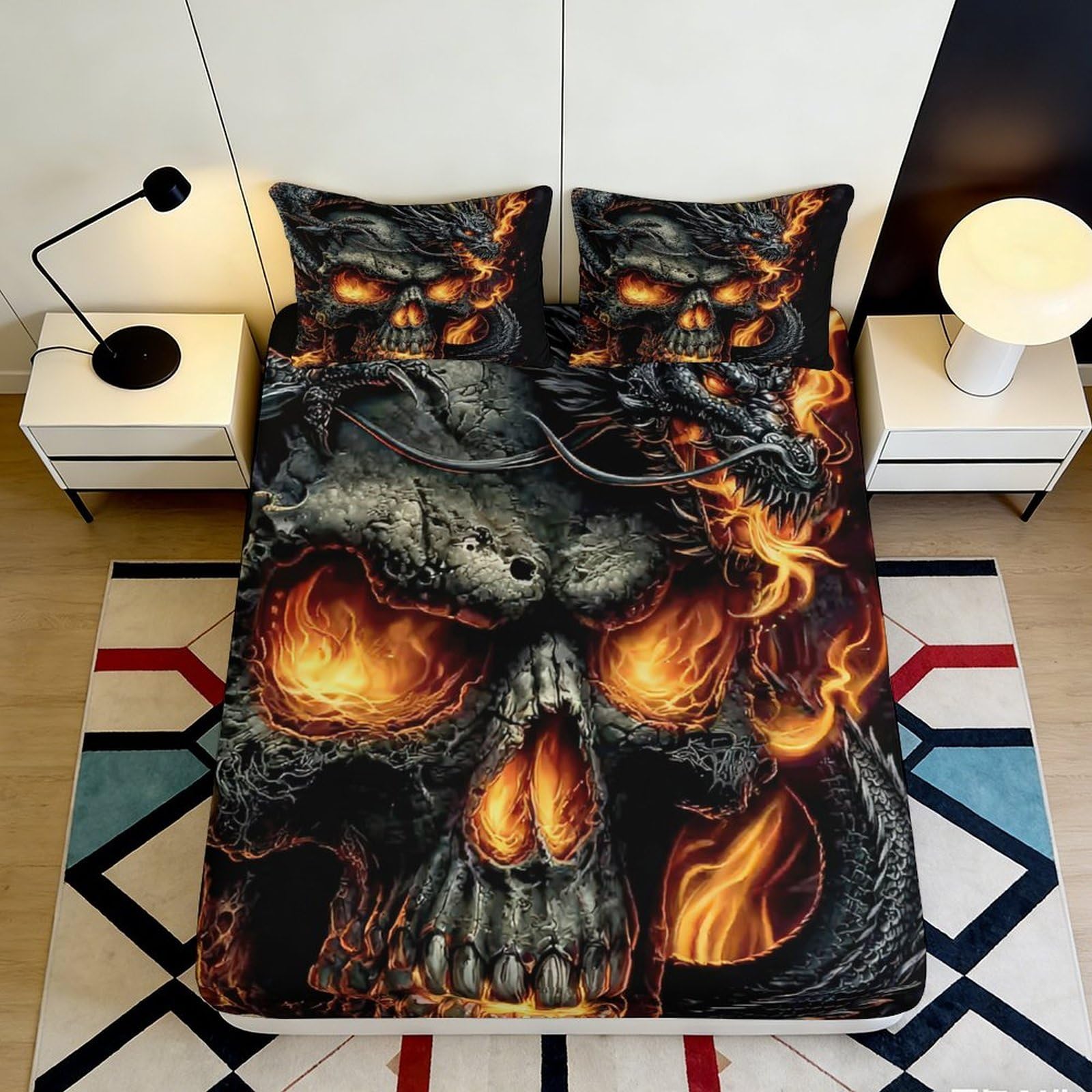 Pnayamiorkfel Style-1 3D Printed Flaming Skull Fitted Sheet Microfiber Soft Breathable Fire Dragon Mattress Cover For Bedroom Dorm Decor 90X200x25cm