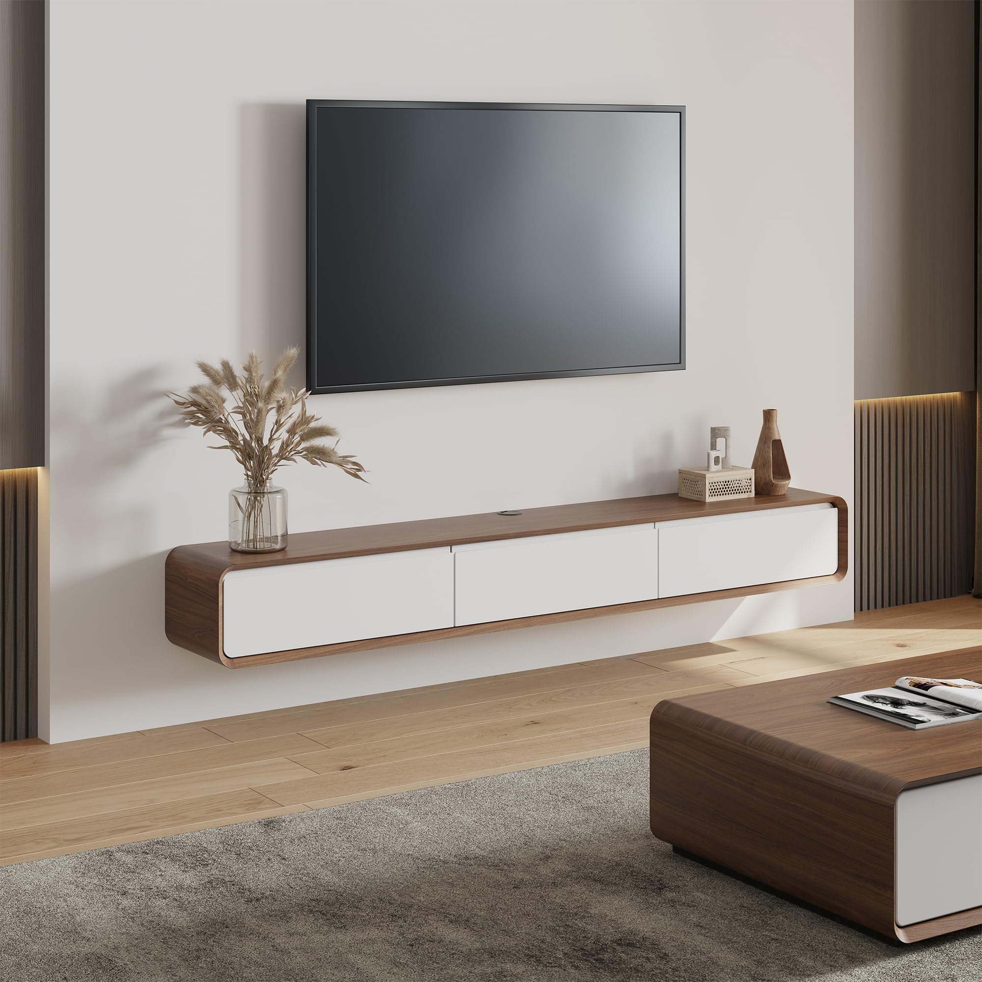 POVISON Fully-Assembled Minimalist Floating TV Stand, Modern Wall-Mounted Entertainment Center with 3 Flip-Down Cabinet Doors, Solid Wood Media