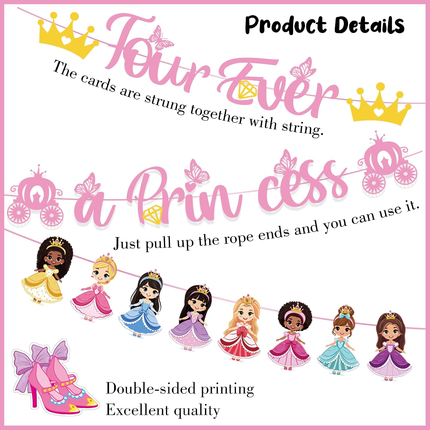 Princess Birthday Party Decorations Banner - 11 Pcs Pink Girls 4th Decor image 4
