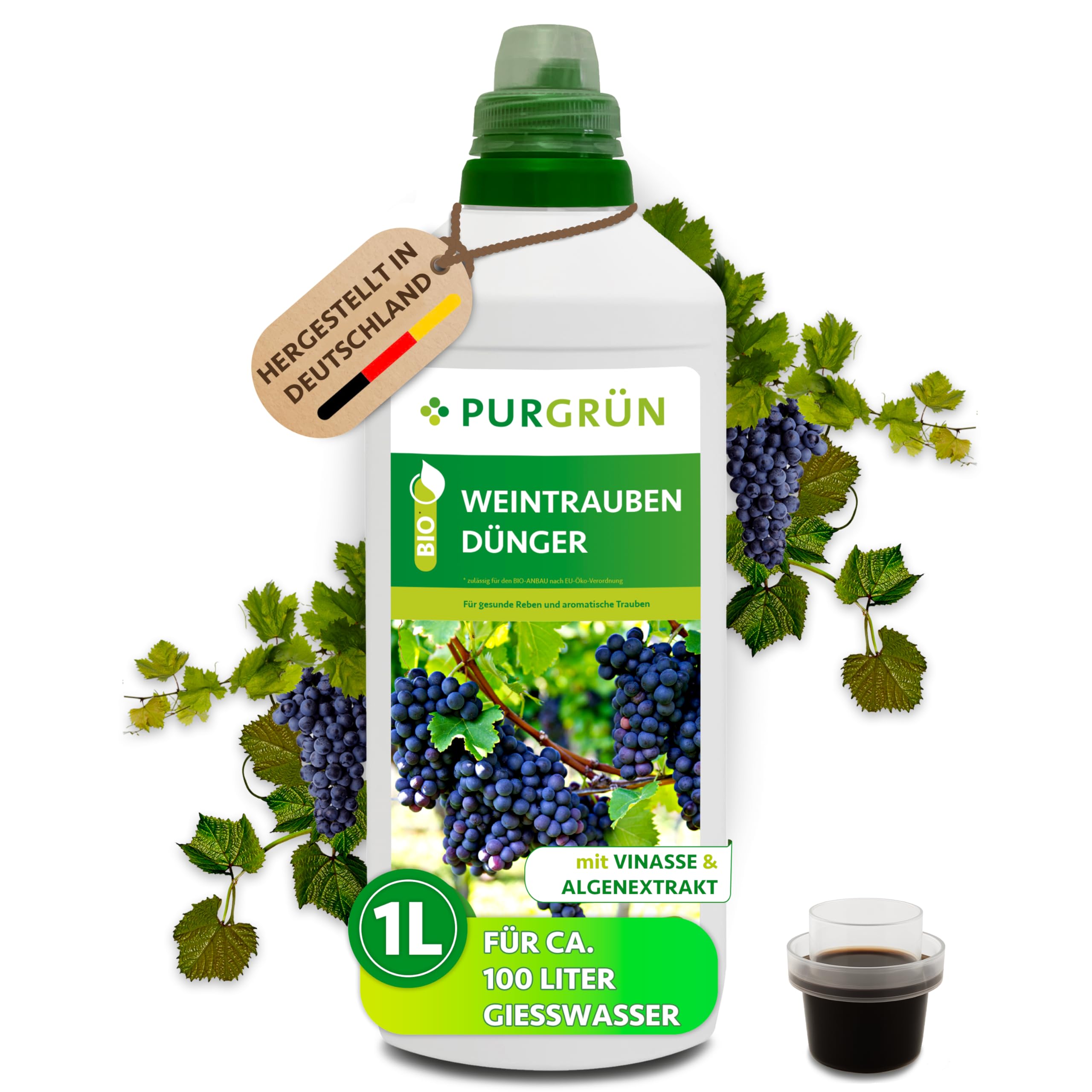 Bio-Weintrauben-Dünger 1 Liter – Organische Rezeptur – Premium-Flüssigdünger – NPK 4+1+7 – Mit Algenextrakt & Vinasse – Extra Kalium für aromatische Trauben – Ohne tierische Inhaltsstoffe
