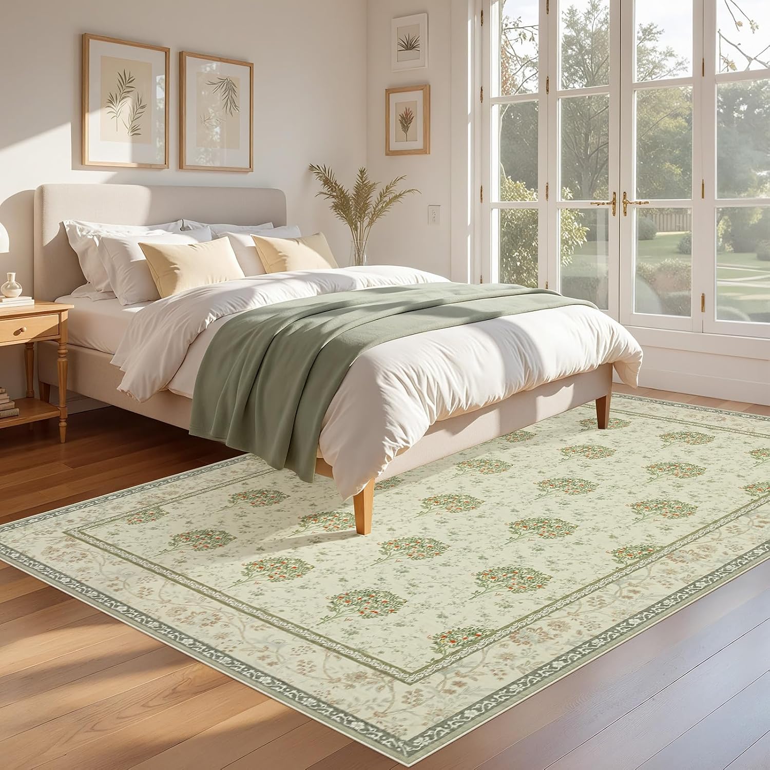 Joydeco Boho Floral Large Rugs for Living Room Nursery, Washable Beige Kids Bedroom Rug 8x10 Under Bed, Botanical Non Slip Throw Carpet for Playroom Kids Dining Room Dorm Classroom, Beige