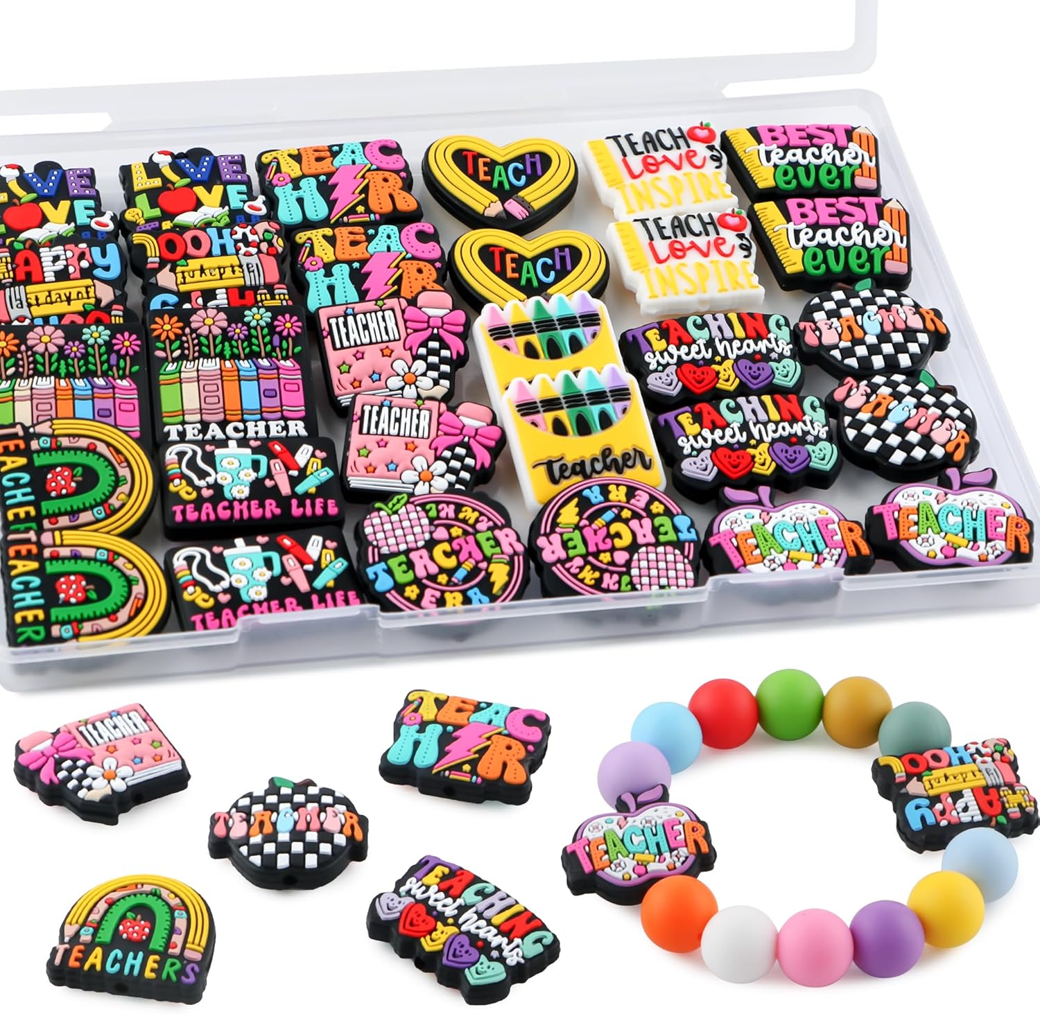 30Pcs Teacher Focal Beads for Pens, School Teacher Silicone Beads for Keychain Making Patterns Focals for Necklace Bracelet Beaded Pen