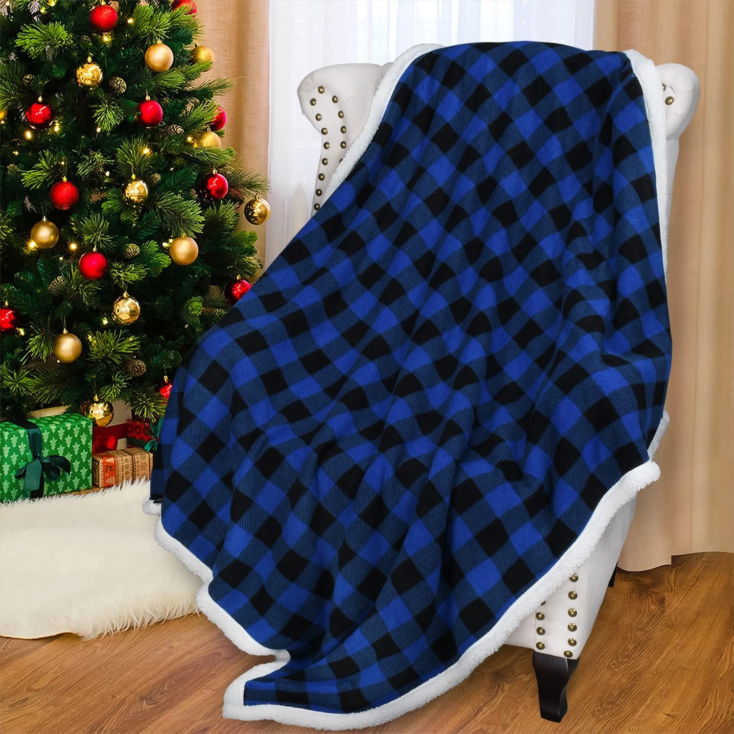 Catalonia Buffalo Plaid Sherpa Throw Blanket, Reversible Soft Warm Comfy Snuggly Micro Fleece Plush Throws for Bed Couch TV, 60x50 inches, Blue Checkered