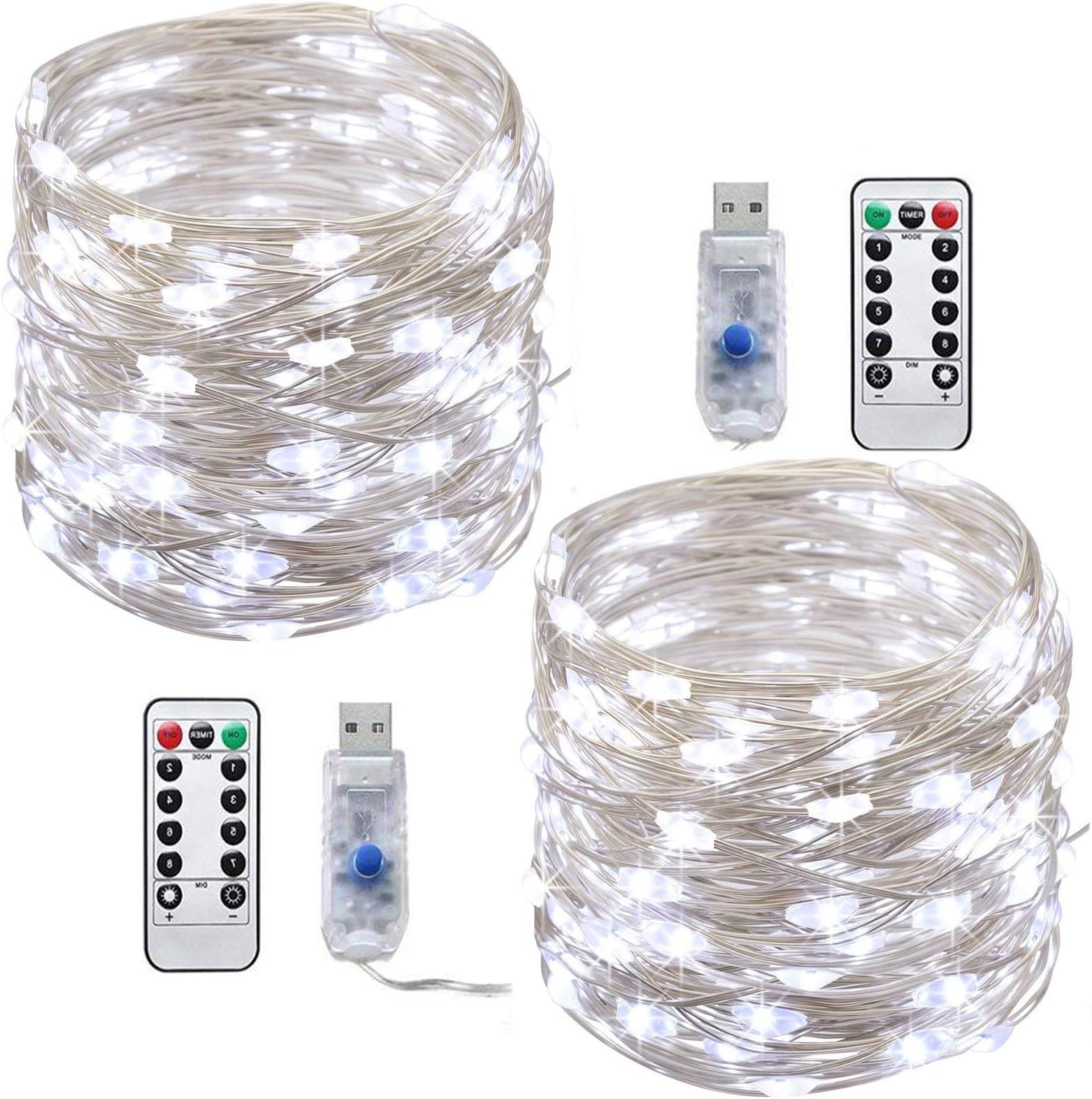 Led String Lights, [2 Pack]10m 100 LEDs Micro Silver Wire LED Fairy Lights USB Port Indoor Starry String Lights(Cool White with Remote)