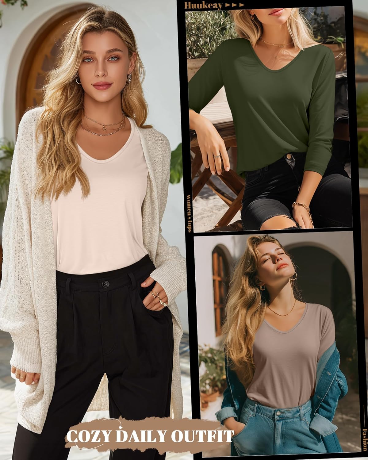 Huukeay 3 Pack Women's 3/4 Sleeve T-Shirts, V Neck Casual Tops Loose Fit Tunic Basic Tees 3/4 Length Sleeve Soft Blouses - Image 2