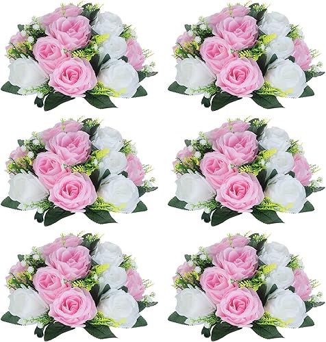 NUPTIO Centros de mesa de flores para mesas de boda: arreglo de 6 piezas de flores artificiales rosas y blancas para bodas y fiestas - Rosas Rosa y