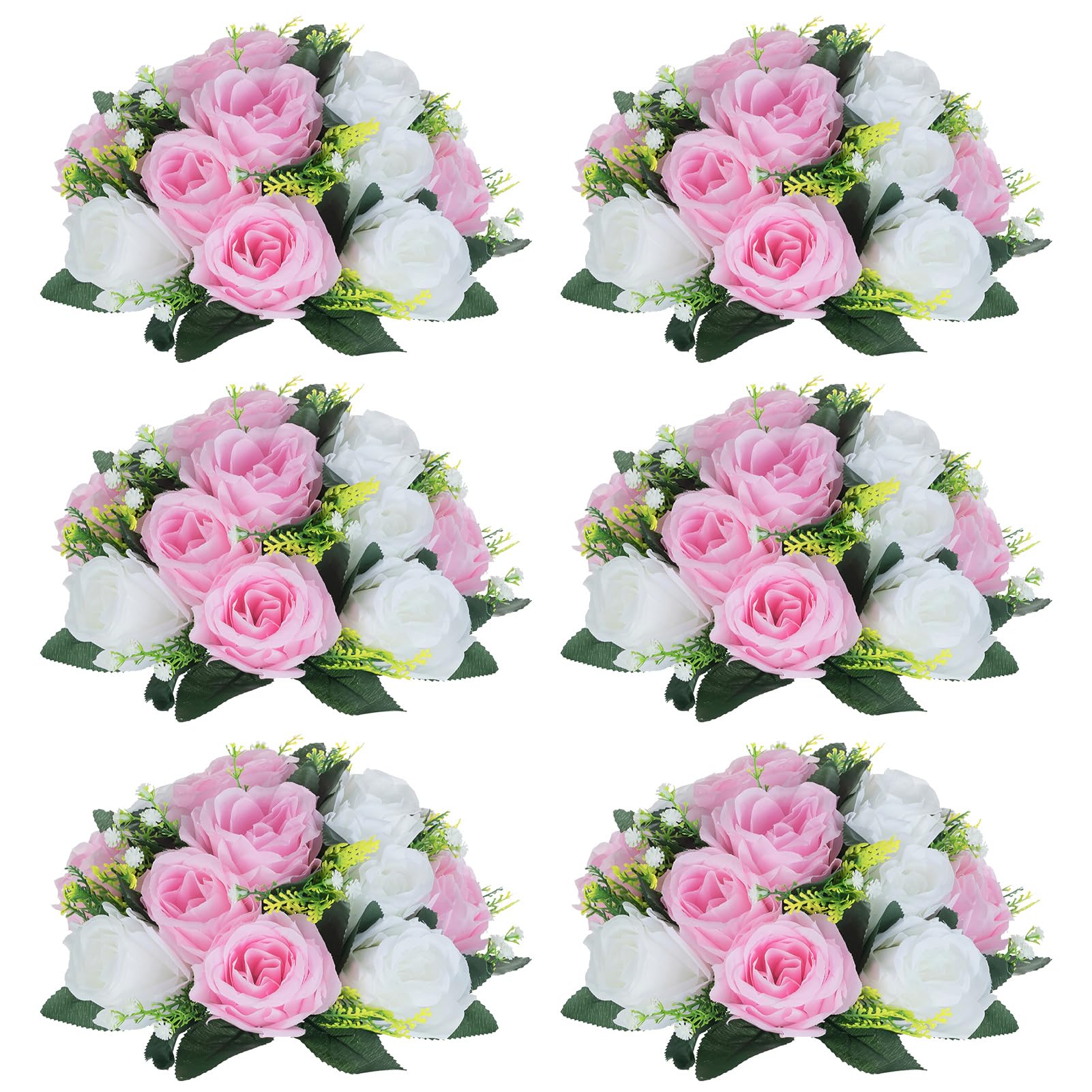 Roses artificielles ronds Nuptio lot de 6 centres de table de mariage rose et blanc 24cm