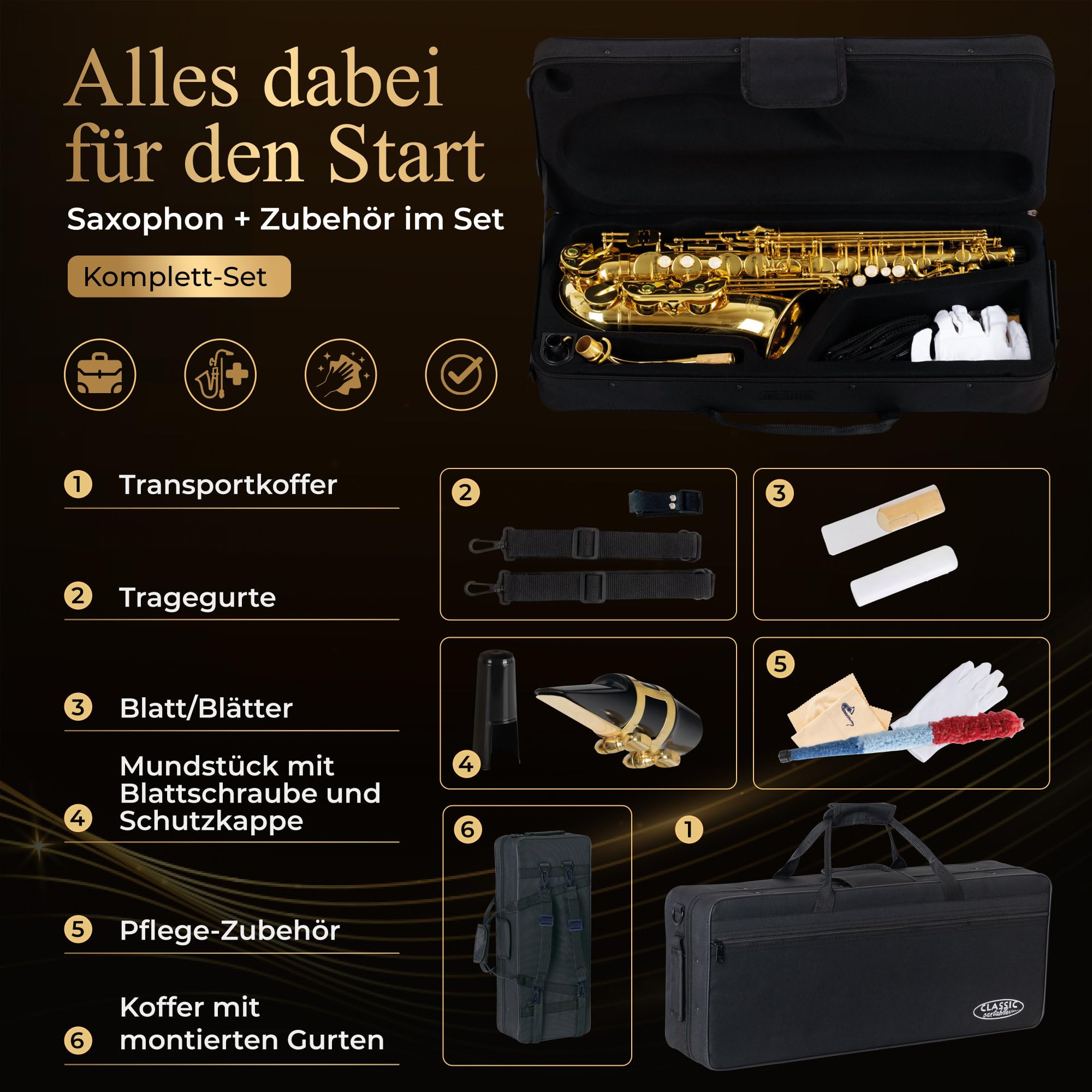 Classic Cantabile AS-450 Eb Saxophone alto en laiton – Accordage : il – Idéal pour les débutants – Mécanisme de clapet ergonomique – Clapet haut – Étui léger, embout, ligature et accessoires