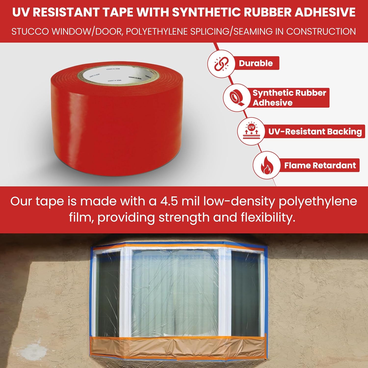 GGR Supplies UV Resistant Tape with Synthetic Rubber Adhesive. Stucco Window/Door, Polyethylene Splicing/Seaming in Construction, No Residue, Weatherproof, Tacky Bond. 60 Yds. (Red, 6" (144mm))