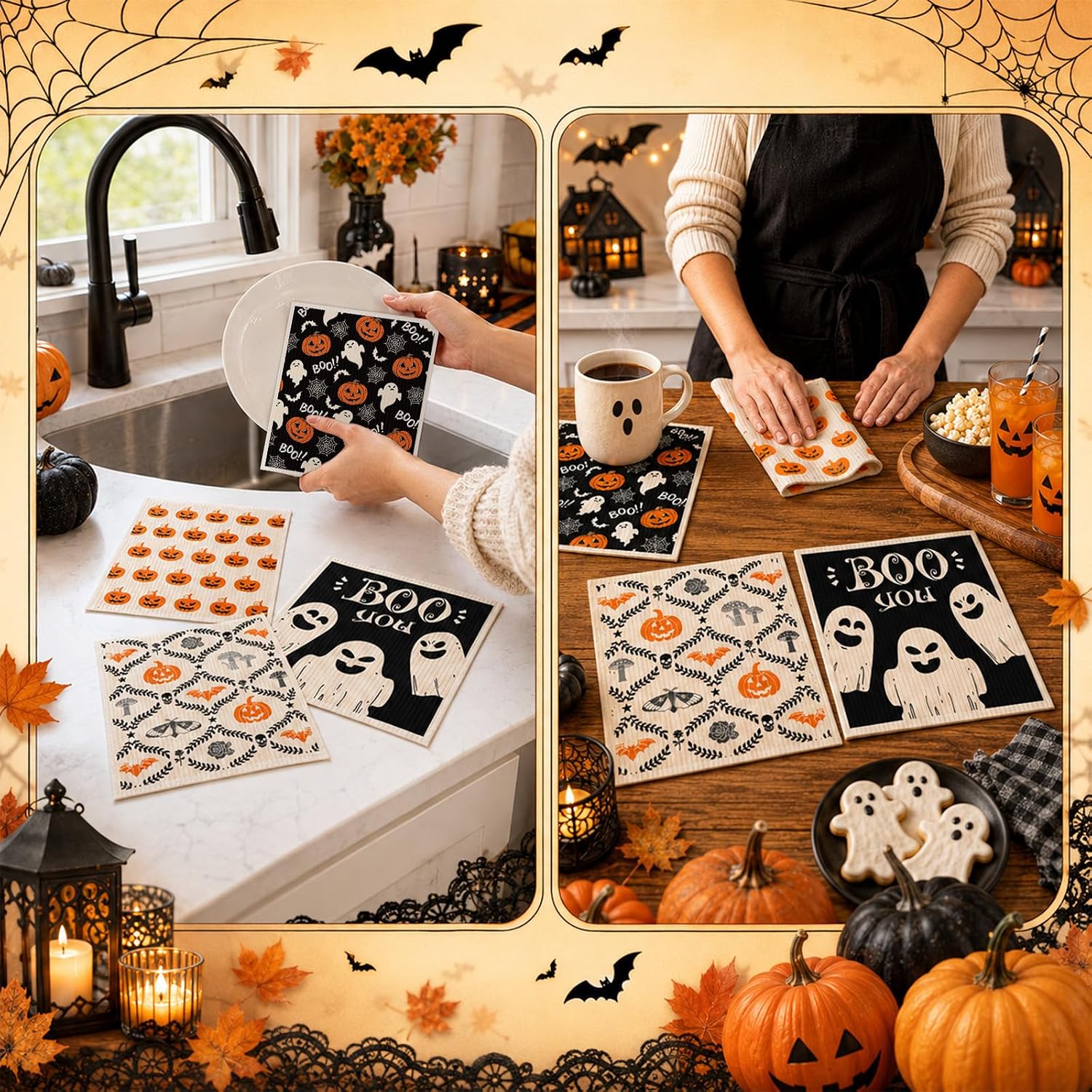 AnyDesign Halloween Swedish Dishcloths 4 Pcs Kitchen Towels, Pumpkin Ghost