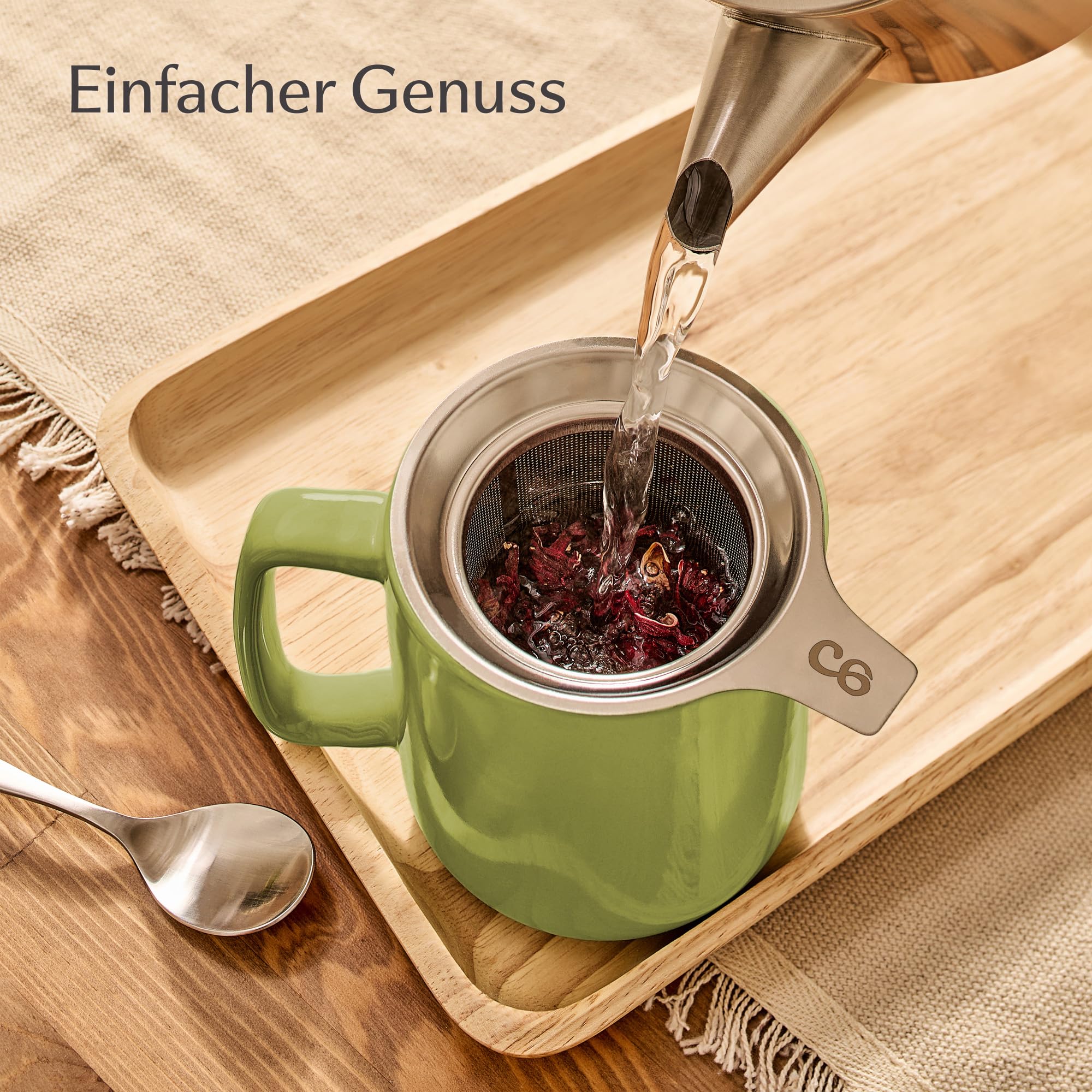 Teetasse mit Sieb und Deckel - Keramik - Hält Lange warm - 500ml XXL Groß - Spülmaschinenfest (Matcha Grün)