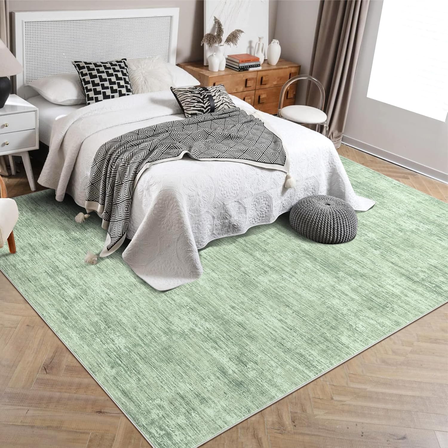 RUGSREAL Area Rug 5x7 Machine Washable Area Rug for Living Room Non-Slip Stain Resistant Modern Abstract Rug Contemporary Solid Throw Rug Foldable Accent Floor Carpet for Dining Room, Green