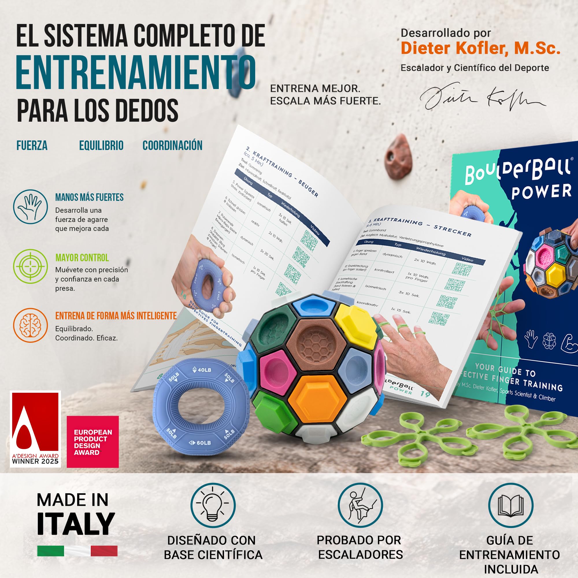 BOULDERBALL POWER Set de entrenamiento para fortalecer dedos mano y antebrazo. Incluye Boulderball anillo grip banda extensora y plan de entrenamiento. Para escaladores deportistas y uso diario