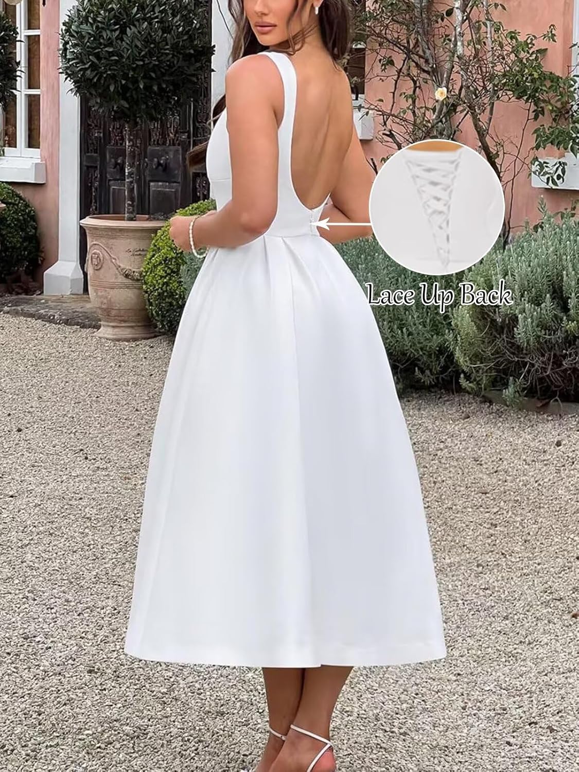 Tea Length Wedding Dresses for Bride Satin Midi Boat Neck Cocktail Party Dress Corset Formal Evening Gown - Image 5