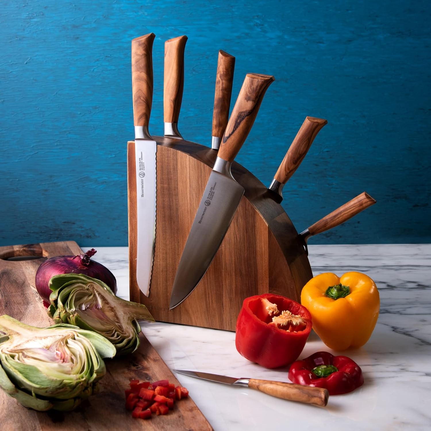 Messermeister Oliva Elite 8-Piece Magnet Block Set - Includes Chef’s, Bread, Carving, Fork, Cheese & Tomato, Utility & Paring Knife + Magnet Block
