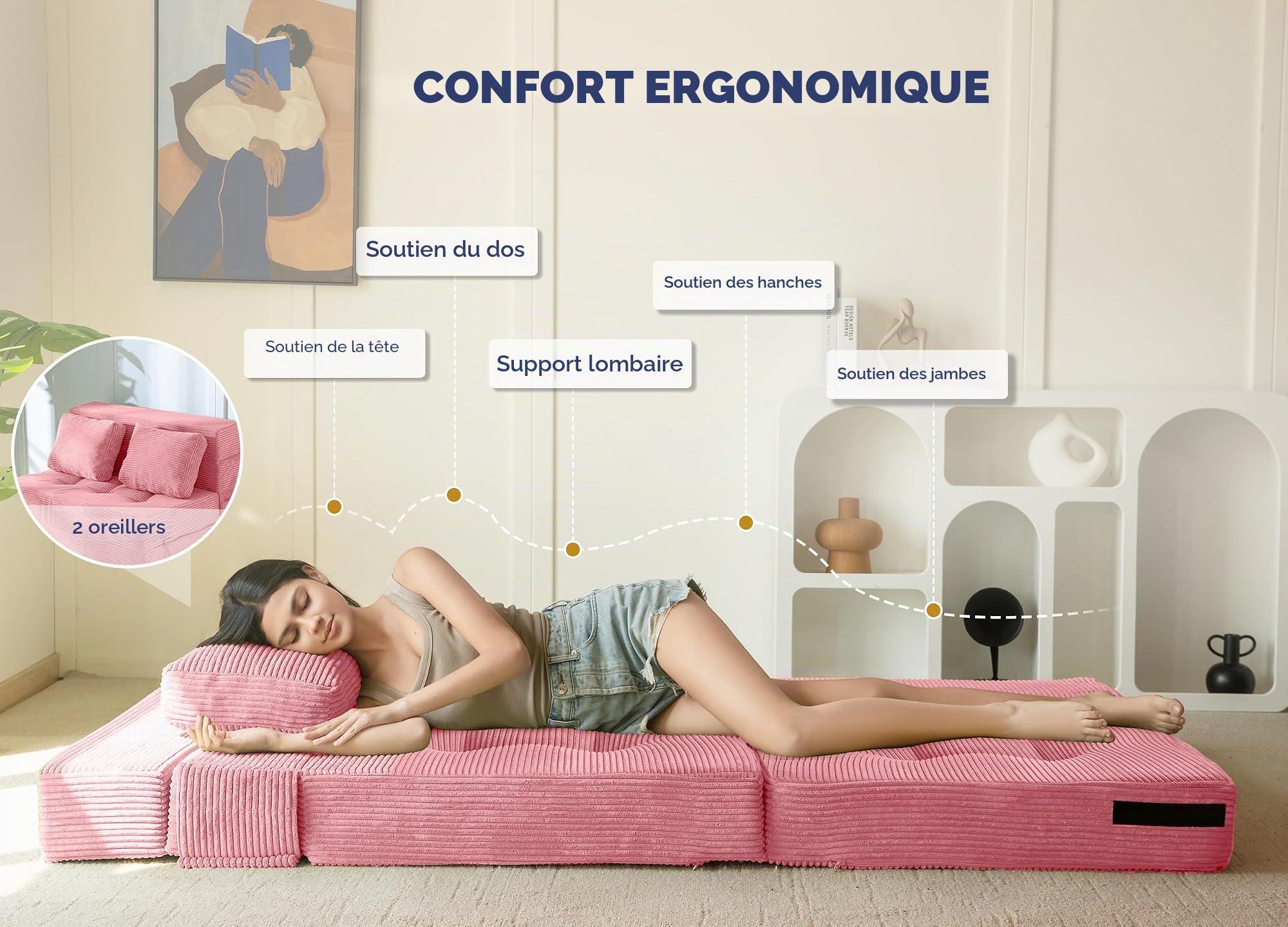 MAXYOYO Canapé-lit avec Matelas Pliant Confortable en 4 Parties de 15 cm d'épaisseur et 1 Coussin, canapé Pliant avec Fonction de Sommeil, Matelas d'invités Pliable