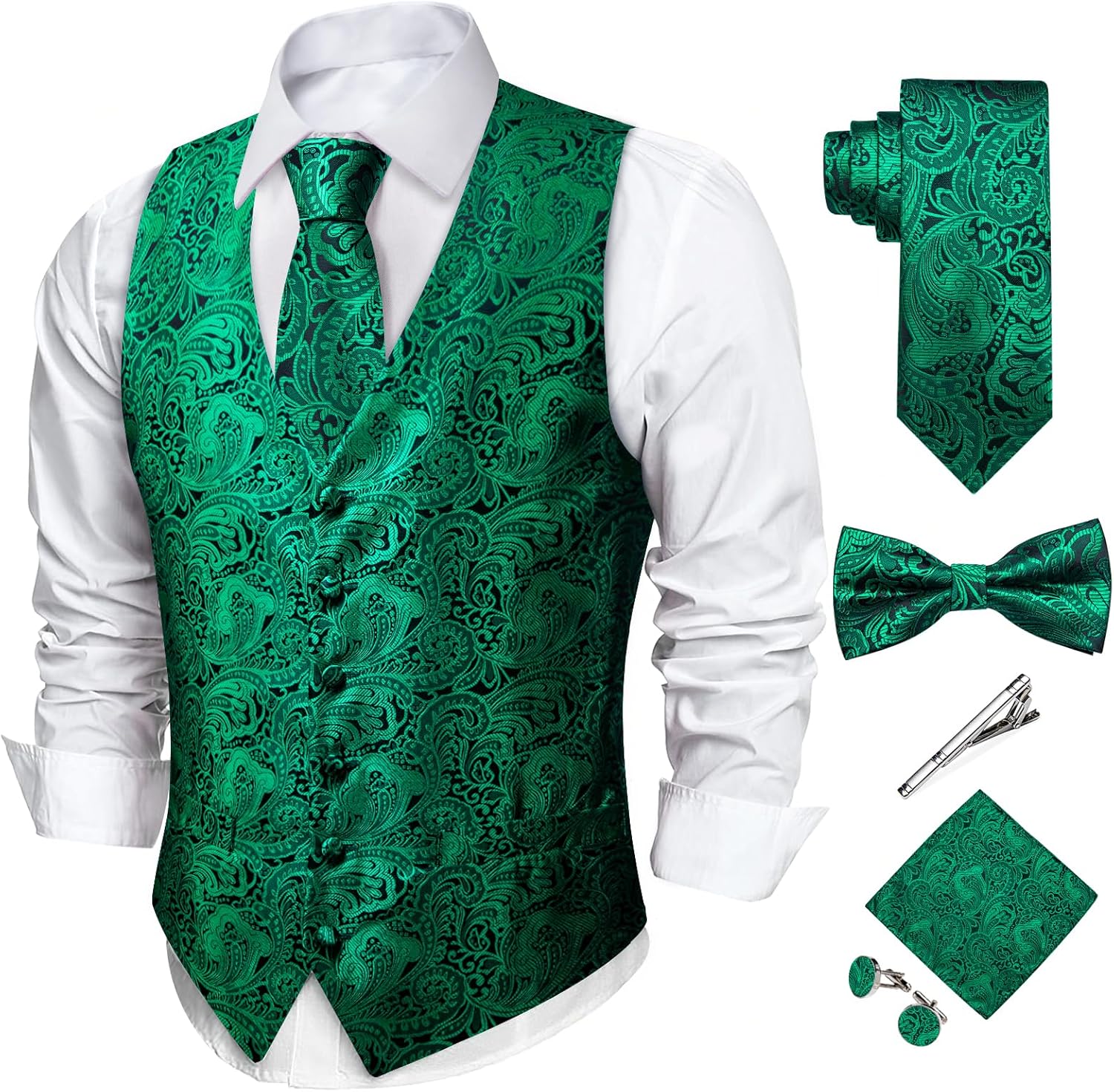 DiBanGu Men's Silk Paisley Vest and Necktie Set 6PCS Pre-tied Bow Tie Formal Waistcoat for Wedding Party