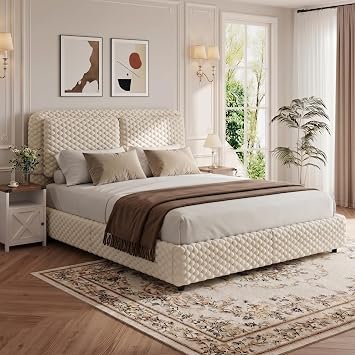 REVOMINCA Full Size Bed Frame with Headboard, Corduroy Upholstered Bed Frame, Wooden Slats Support, No Box Spring Needed, Easy Assembly, Cream
