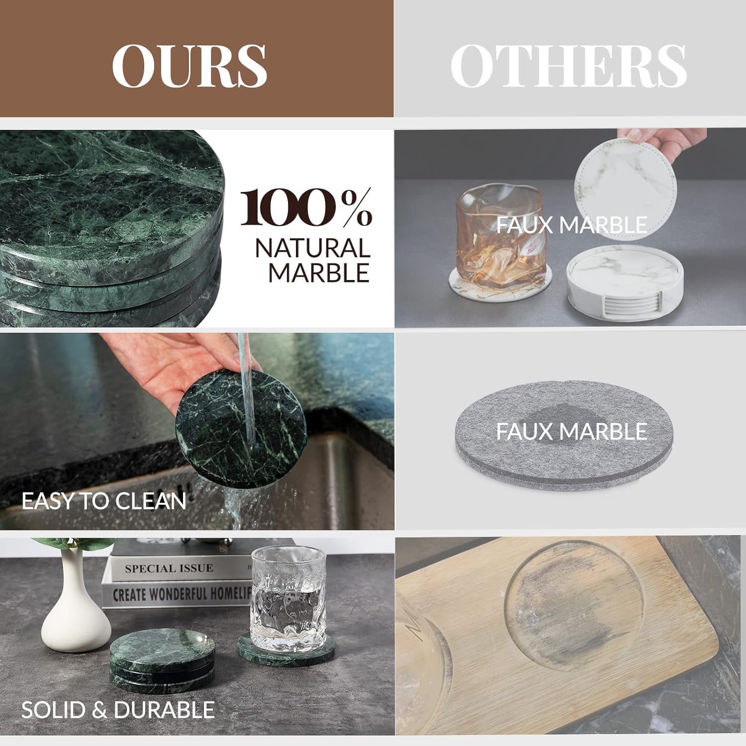 Koville Marble Coaster Set of 4, Round Coasters, 4" Stone Coaster for Drinks Coffee, White Marble Coasters for Coffee Table Home Bar Decor, Heat Resistant, Gift Choice(Green)