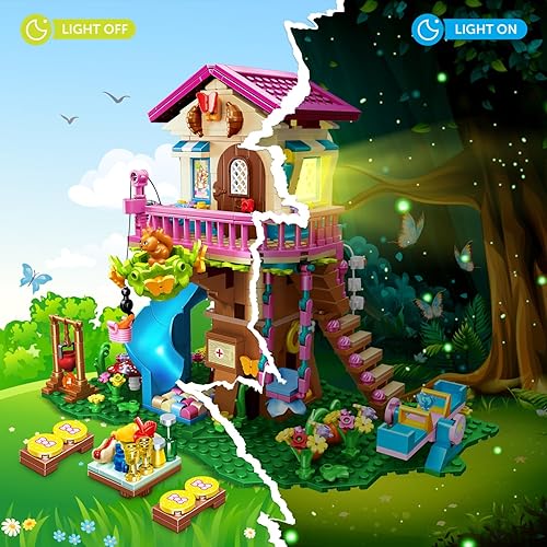 Miniatura 6 de HOGOKIDS Juego de construcción de casa de árbol con luz LED, 622 piezas de bloques de construcción de casa de árbol, juguetes de casa con tobogán,