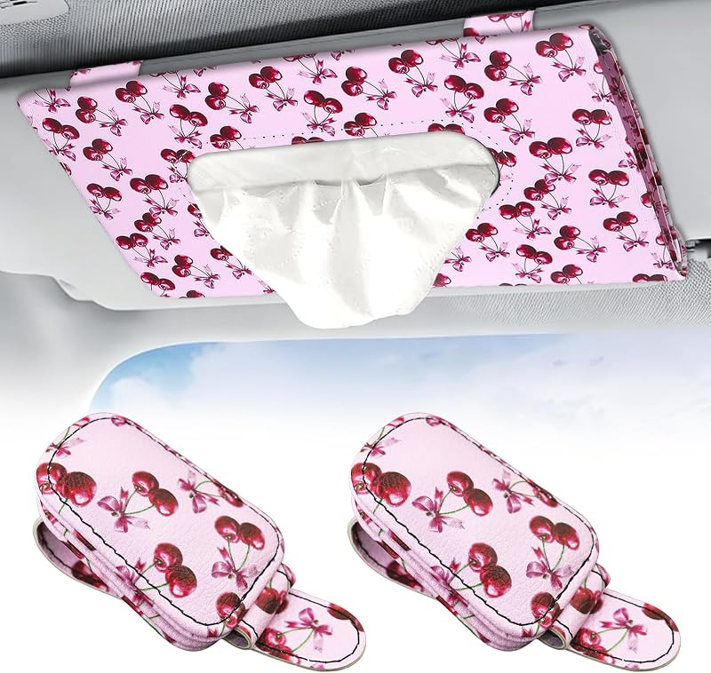 Kit JINGSEN com 2 suportes magnéticos para óculos e 1 porta-lenços para carro, acessórios para para-sol, Pink Cherry