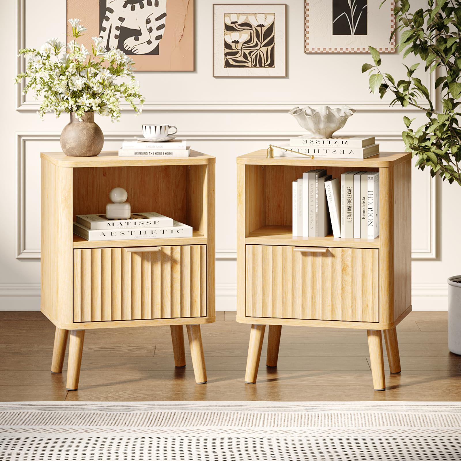 Bonnlo Oak Bedside Table Set of 2,Grille-Style Nightstand Solid Wood Legs Sofa End Table with 1 Drawer and 1 Shelf, Modern Bedside Storage Drawers for Bedroom, Living Room,40 * 30 * 56cm