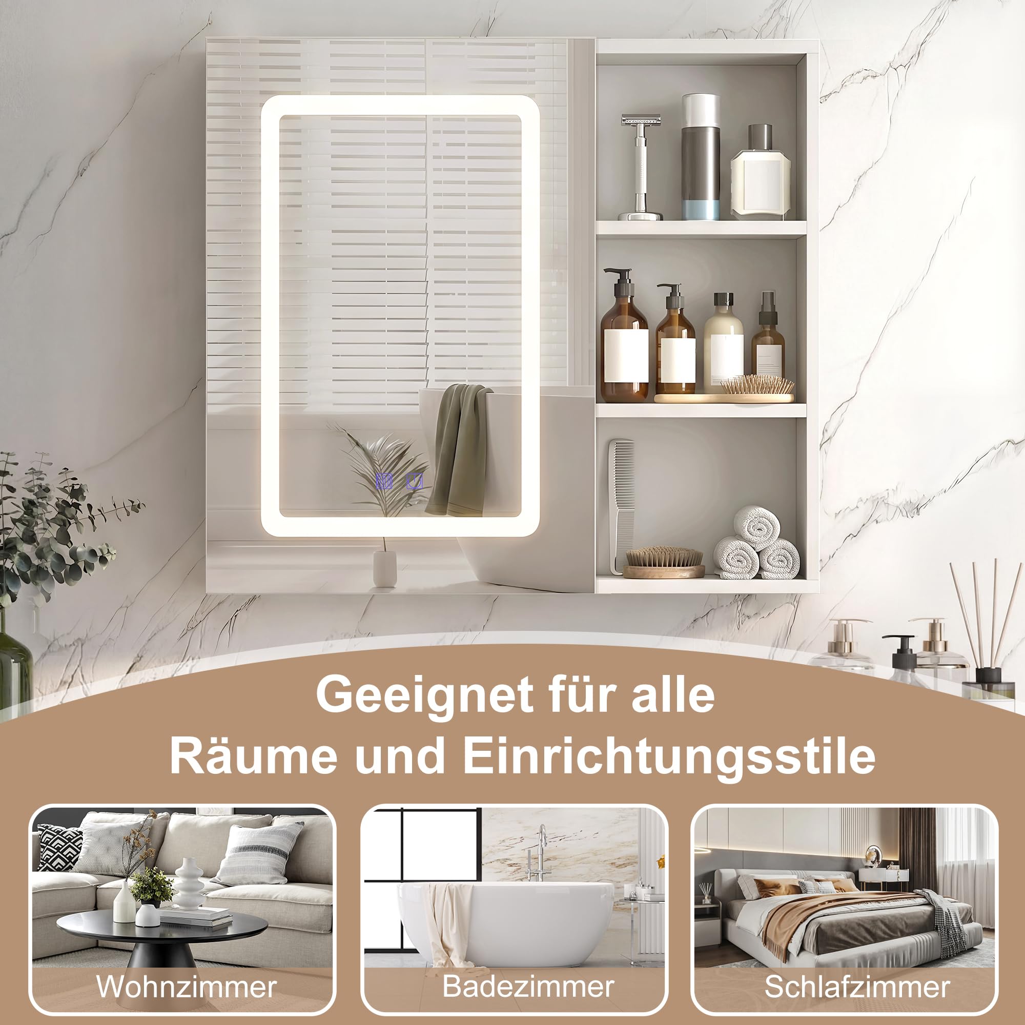 DULRLLY Spiegelschrank Bad mit Beleuchtung 60 cm, Badezimmerschrank mit Spiegel 3 Farbtemperaturen, Entfeuchtungsfunktion,Verstellbare Ablagefächern, Dimmbarer Badezimmer Hängeschrank, 60x60x15 cm