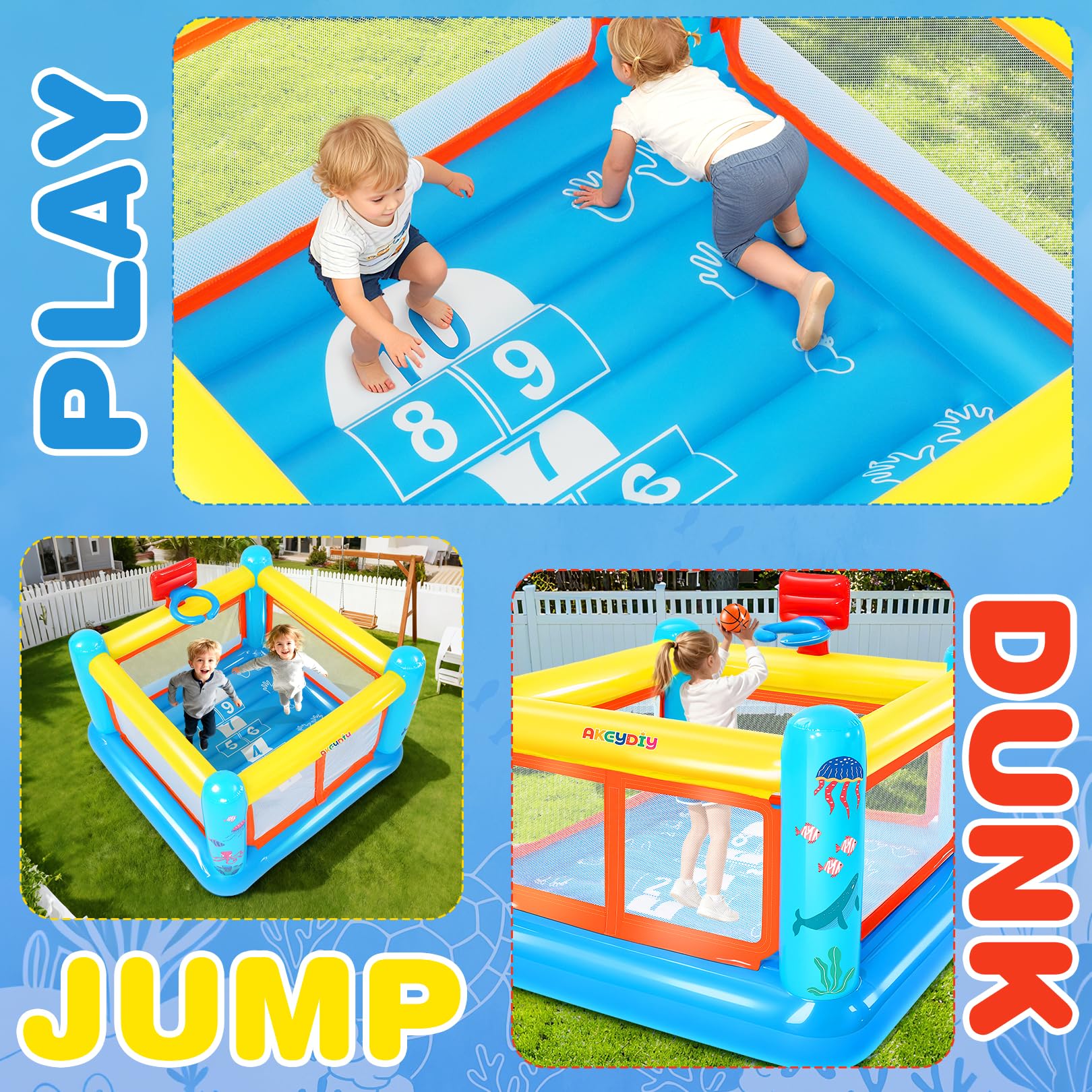 Castello gonfiabile per bambini da 3 a 6 anni, per interni ed esterni, in PVC resistente agli strappi, con piscina di palline rimovibile, cestino da basket e ventilatore (castello 3 in 1)