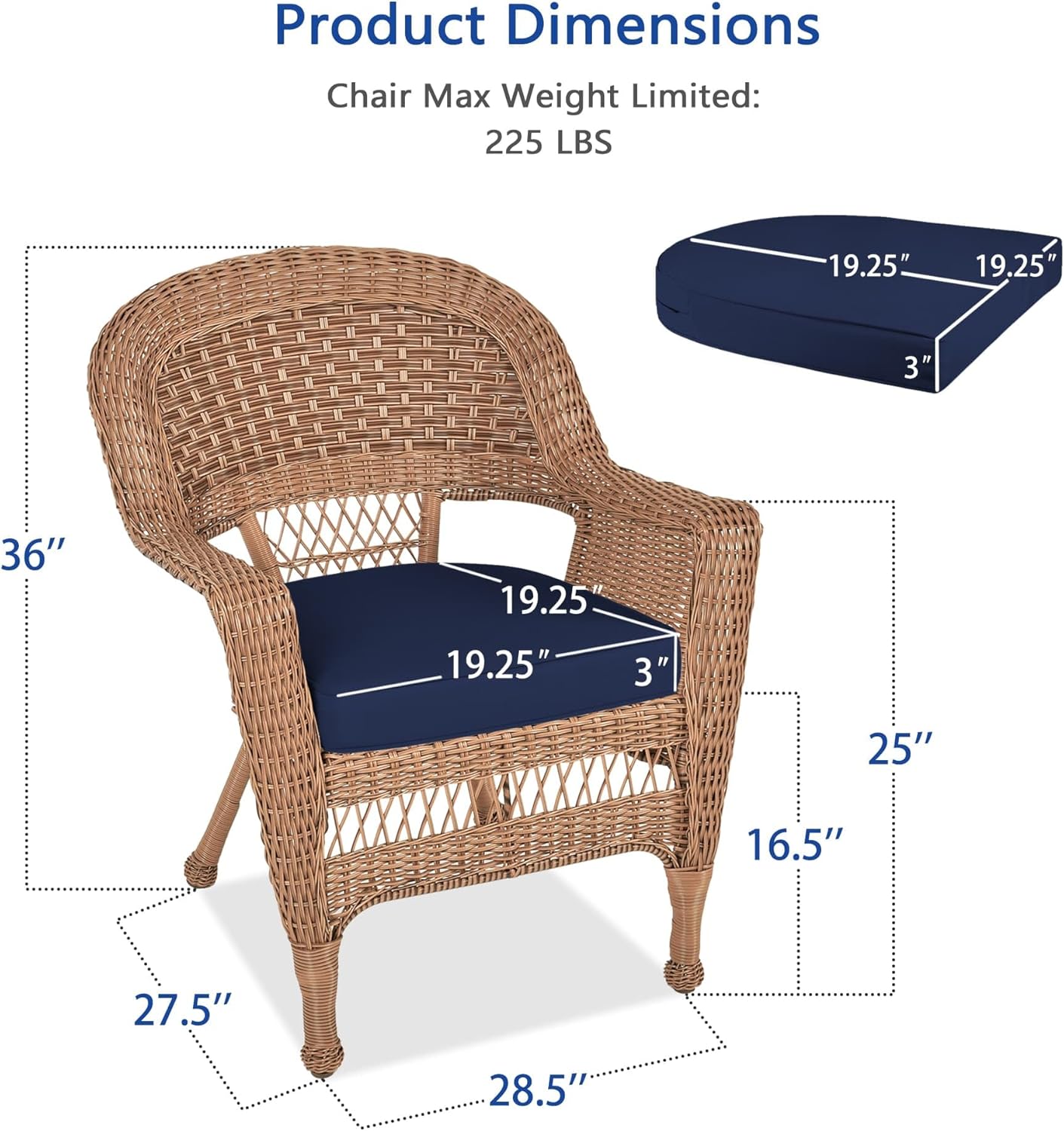 Jeco Wicker Chair with Blue Cushion, Set of 2, Honey/W00205-