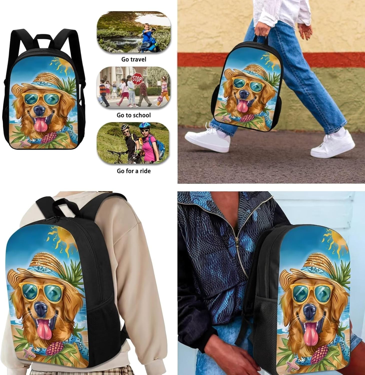 Golden Retriever School Backpack for Kids 8-10, Sun Comfy Students Knapsack Daypack with Lunch Box Pencil Pouch, Large Kids 3PCs School Bag Set for Boys Girls, Brown and Blue