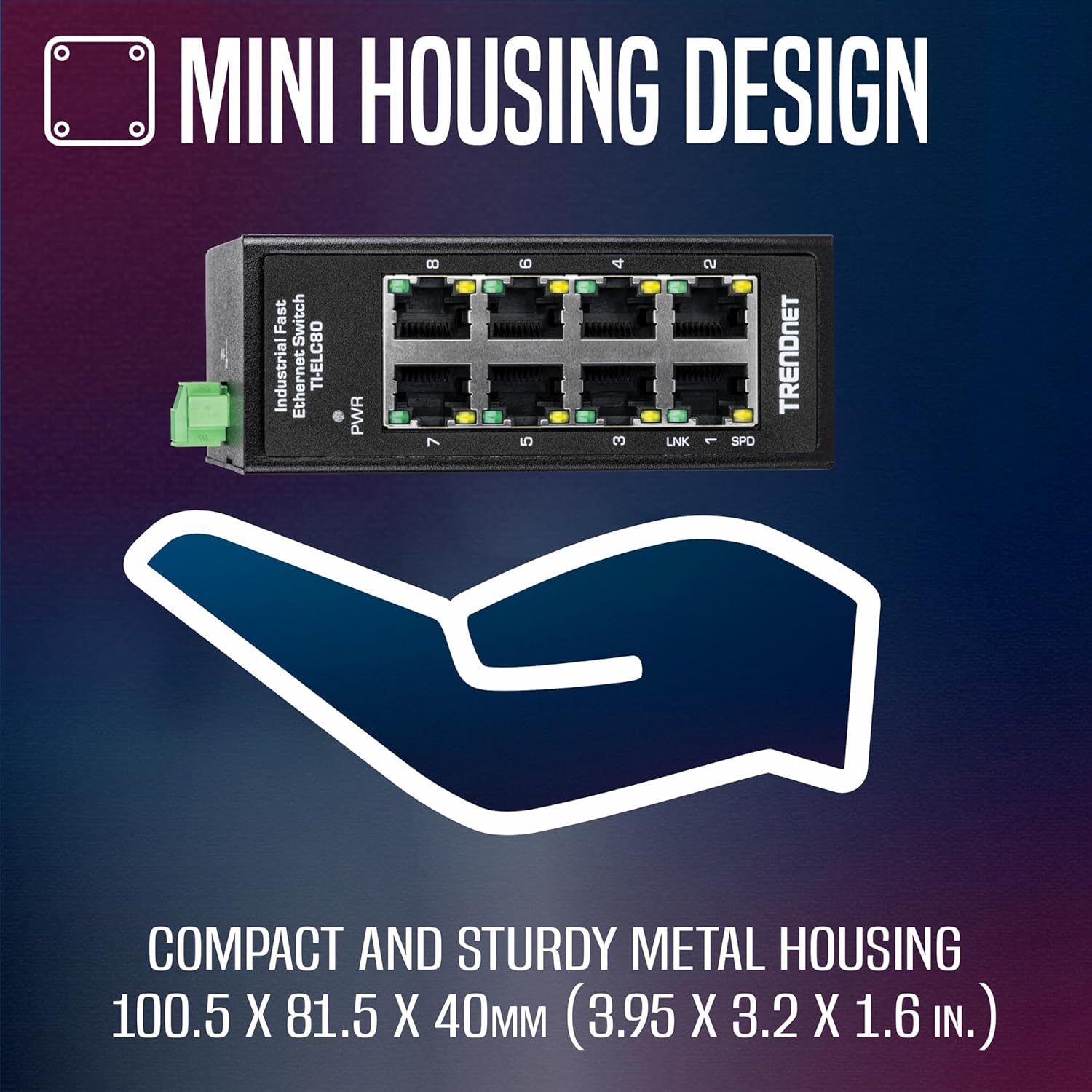 TRENDnet 8-Port Industrial Fast Ethernet DIN-Rail Mini Switch, TI-ELC80, 8 x 10/100Mbps Ports, IP30 Rated Housing, 1Gbps Switching Capacity, Black