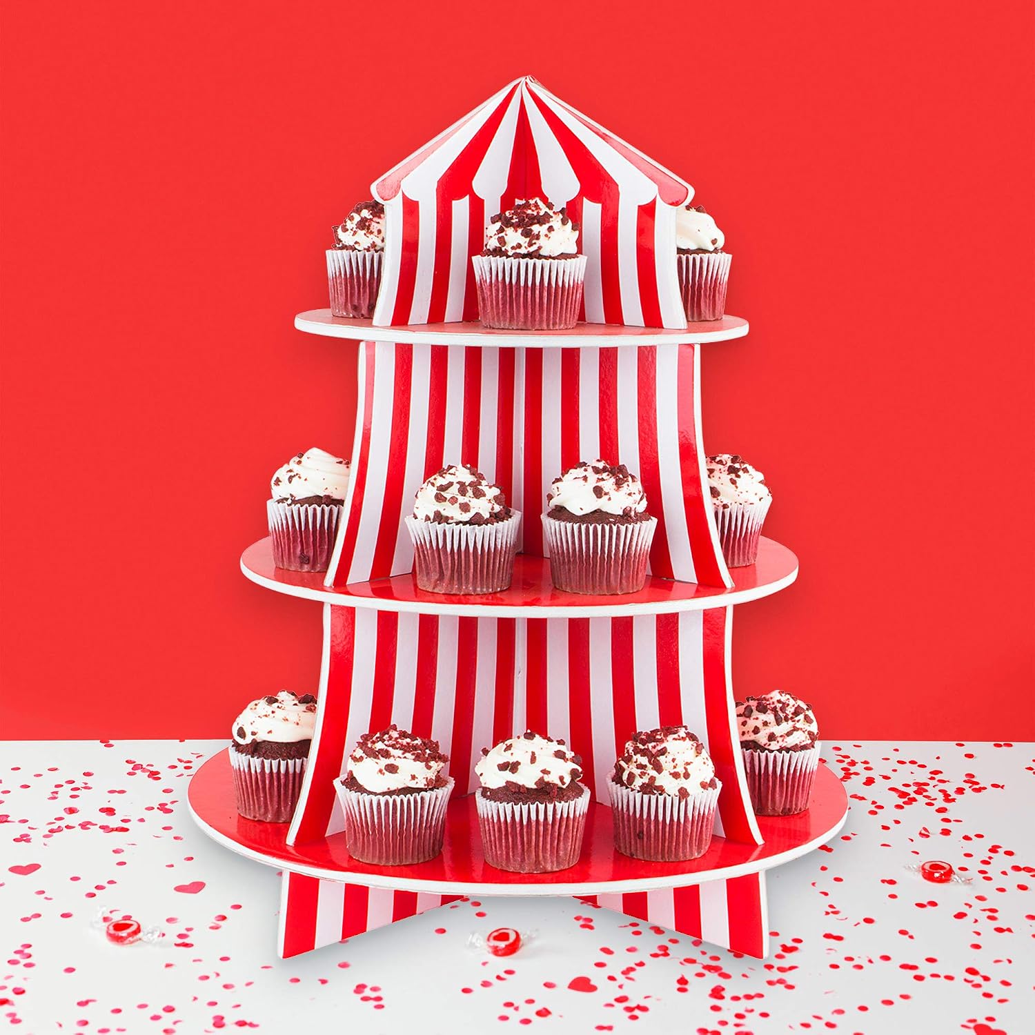 Super Z Outlet 3 Tier Cupcake Foam Stand with Circus Carnival Tent Design for Desserts, Birthdays, Decorations