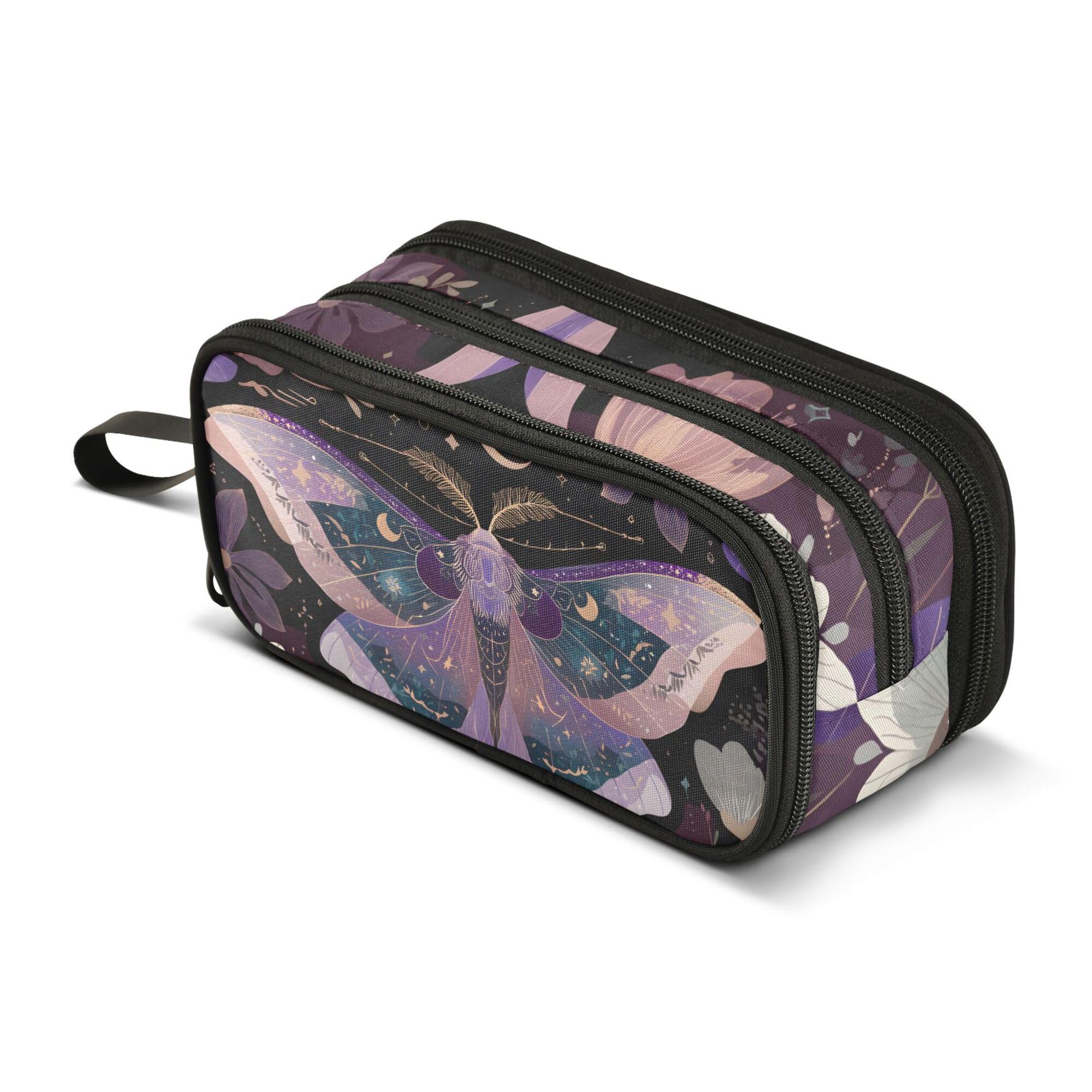 Large Pencil Case, Big Capacity Pencil Bag Pen Pouch Holder 3 Compartments, Mauve Moths School Office Supplies Stationery Makeup Bag Storage Organizer for Students Girls Boys Women Men โ image 1