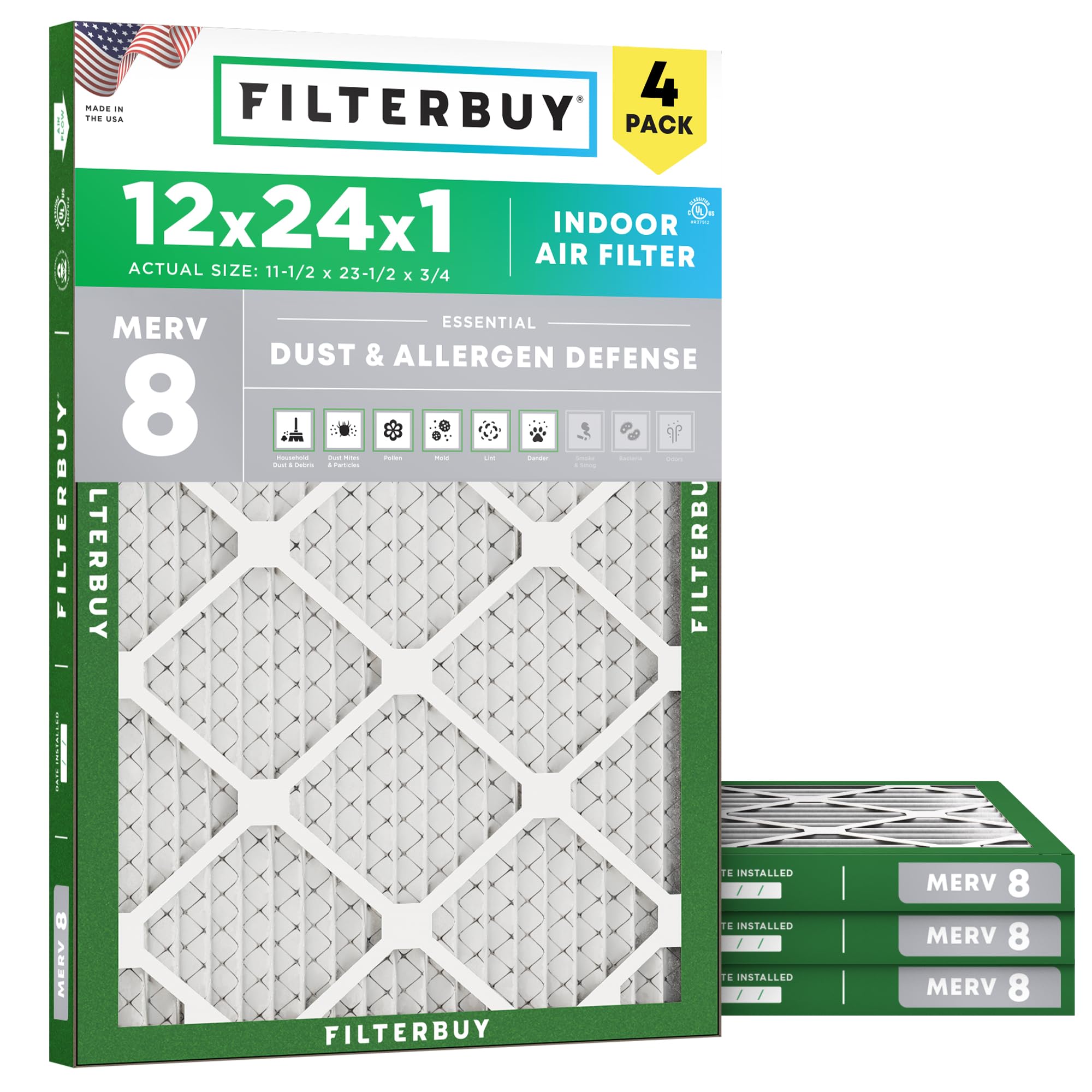 Filterbuy 12x24x1 Air Filter MERV 8 Dust & Allergy Defense (4-Pack) | Electrostatic Pleated HVAC AC Furnace Filters Replacement, Made in USA (Actual Size: 11.50 x 23.50 x 0.75)