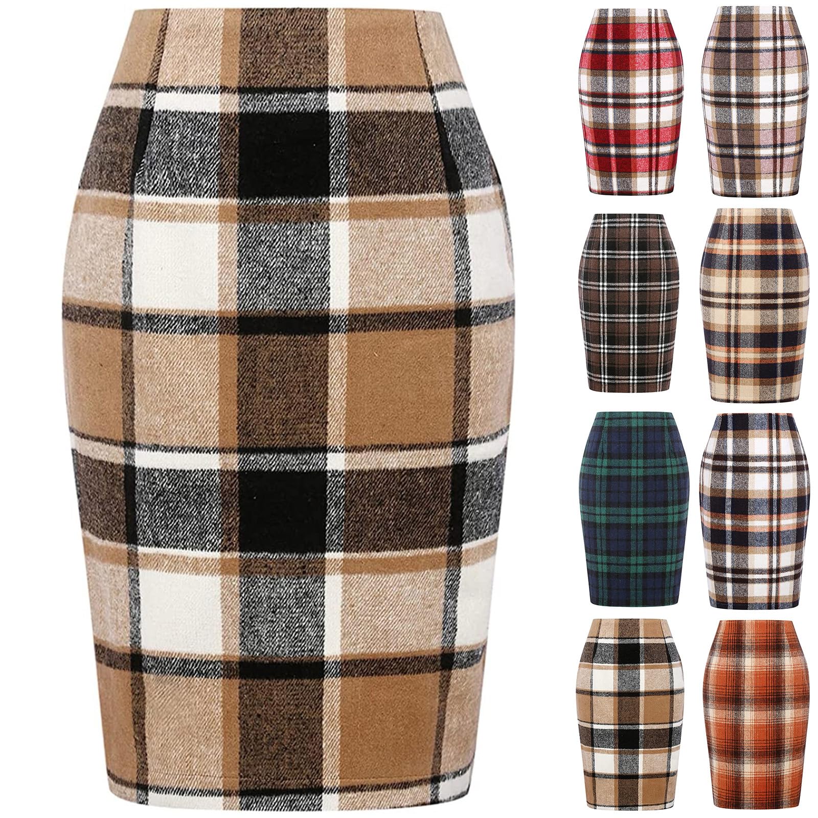 Plaid Skirts for Women Zipper High Waist Midi Knee Length Skirt Elegant Bodycon Gingham Pencil Skirt with Side
