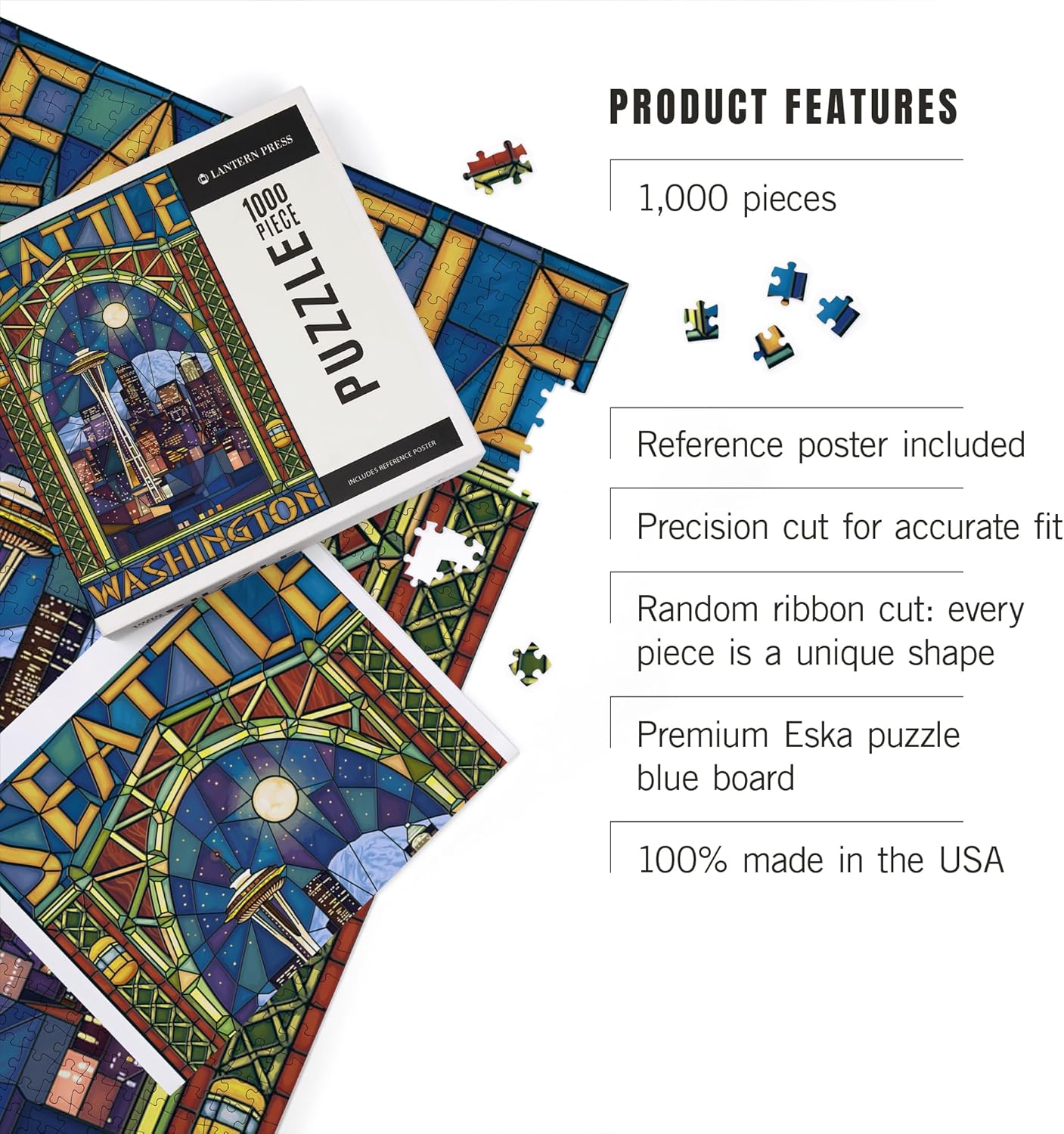 Seattle, Washington, Stained Glass Window (1000 Piece Puzzle, Challenging Jigsaw Puzzle for Adults, Made in USA)